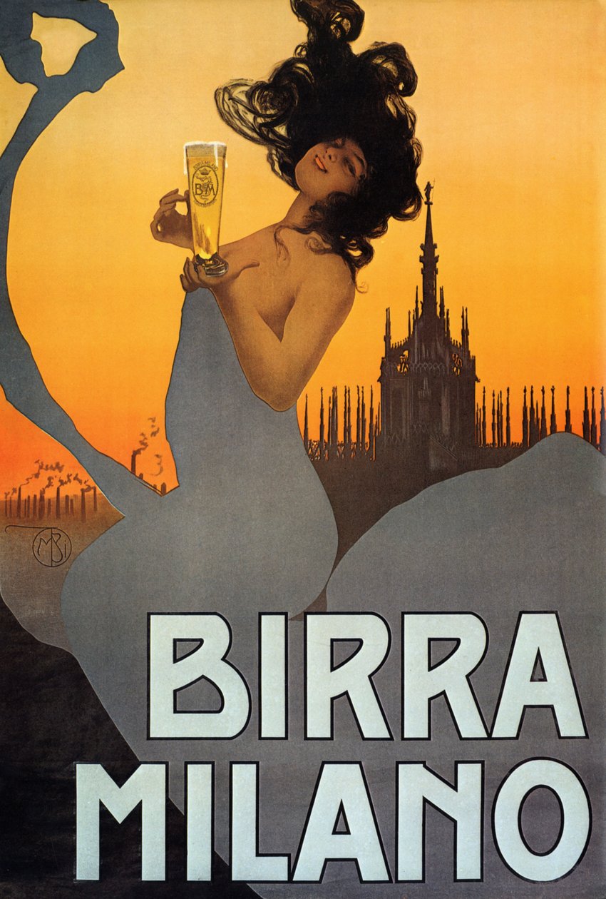 Birra Milano, Italia, n. 1900 (värilitho) mainosjuliste tekijältä Mario Borgoni