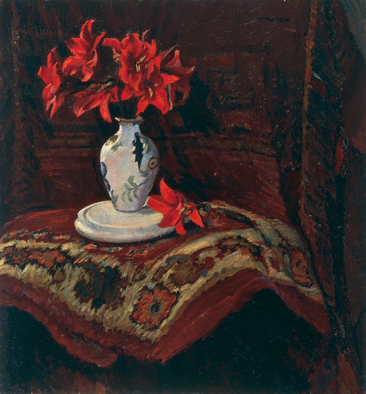 Matto ja maljakko punaisilla liljoilla, Mario Puccini (1869-1920), öljy kankaalle, 64x59 cm. tekijältä Mario Puccini