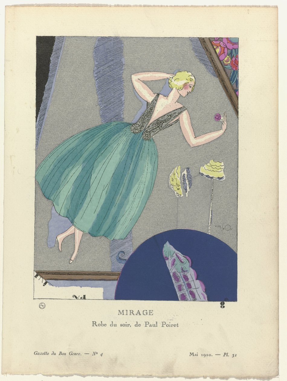 Gazette du Bon Ton, 1920 - nro 4, osa 31: Mirage. / Iltapuku, kirjoittanut Paul Poiret. (otsikko esineessä) tekijältä Mario Simon