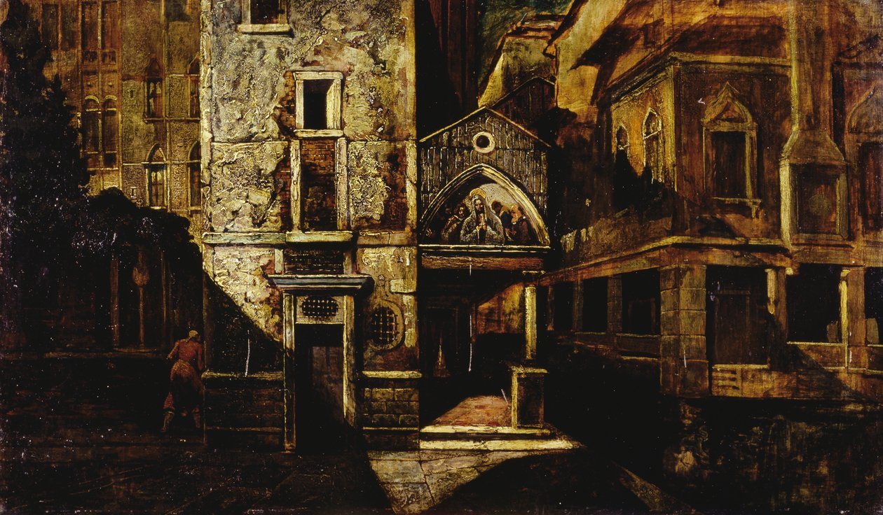 Kulma Venetsiassa, Mario de Maria, Marius Pictorin (1852-1924) salanimi, öljy paneelille, 39,5x66,5 cm tekijältä Mario de (1852 1924) Maria