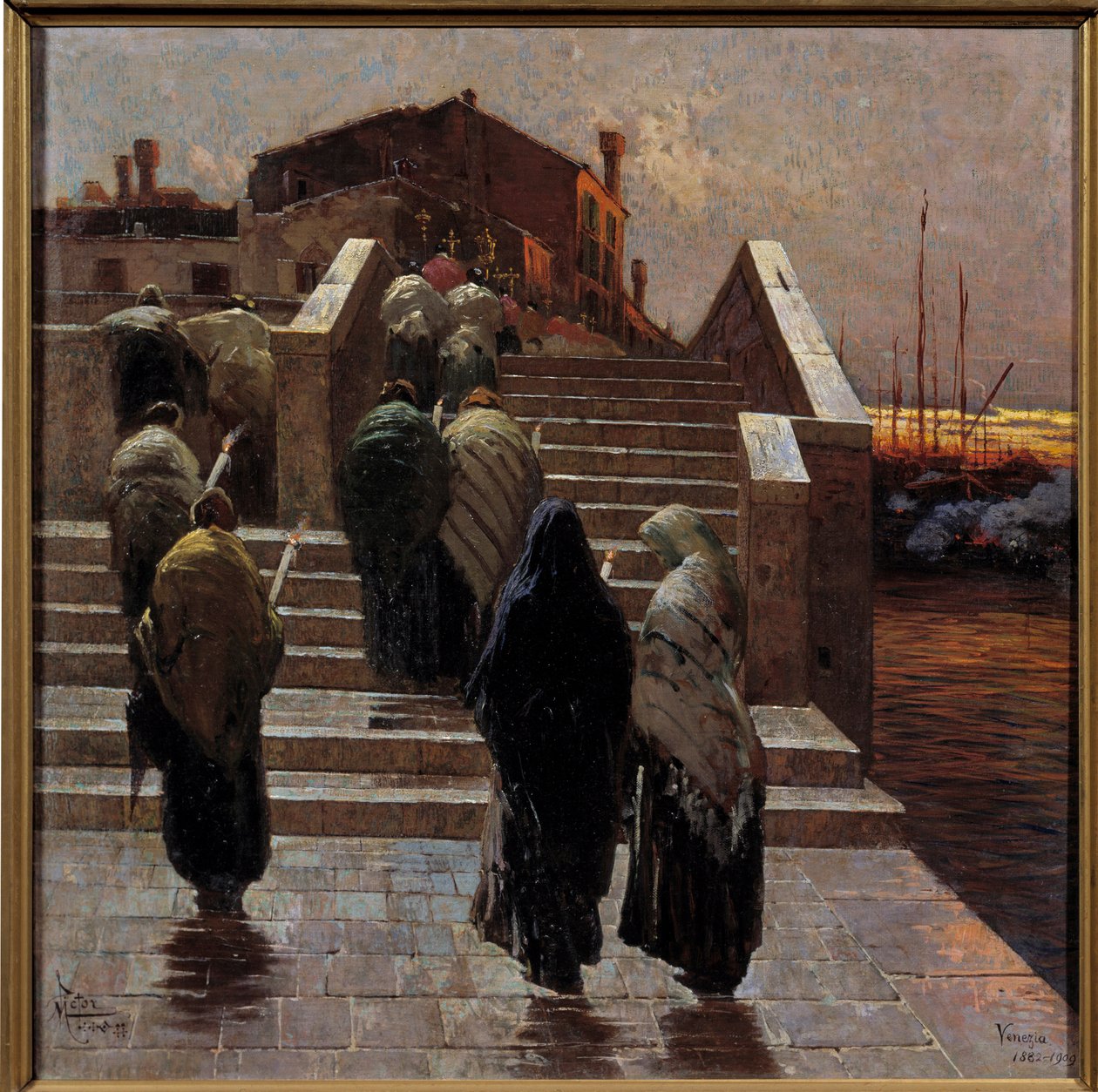 Punainen ilta, hyvän sään toivo Naisten kulkue (suru?) Joen ylitys - Mario De Marian (Marius Pictor) maalaus (1853-1924) 1882 Aurinko 0,7x0,69 m Pariisi, Musee d