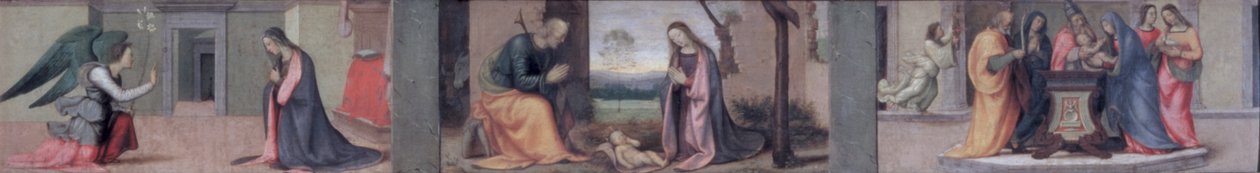 Marian ilmestyksen; Syntymäkirkko; Esitys temppelissä, predella-paneeli Pyhän Elisabetin vierailulle Madonnassa, 1503 (paneeli) (katso myös 50335) tekijältä Mariotto Albertinelli