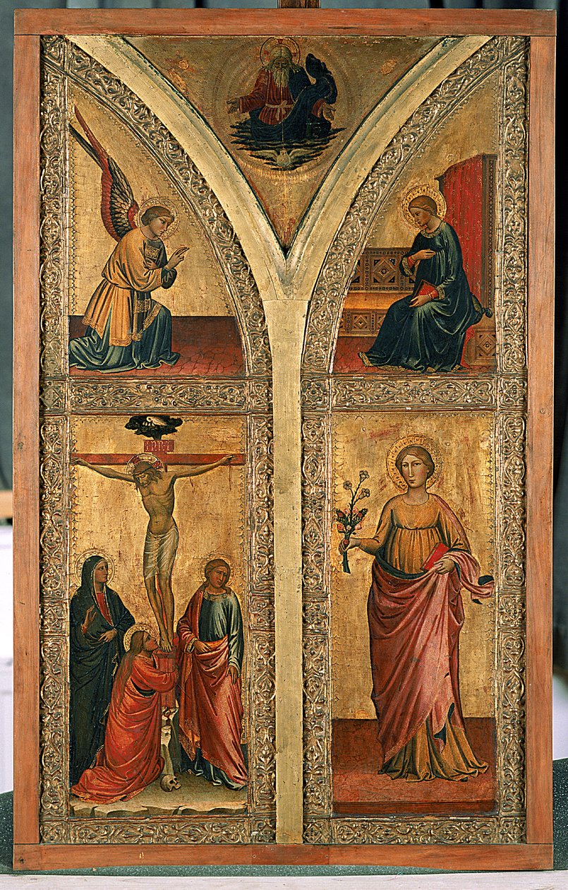 Alttarisiipi, joka kuvaa ristiinnaulitsemista, Pyhää Dorothya ja muita pyhiä, n. 1420 (tempera poppelipuulla) tekijältä Mariotto di Nardo