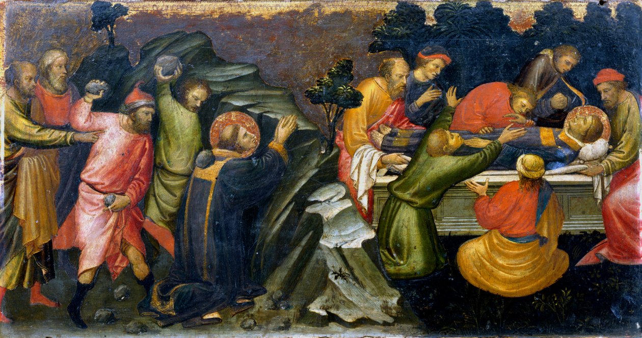 Pyhän Stephenin, ensimmäisen kristityn marttyyri, kivitys ja hautaaminen, c36 c1394-1424 tekijältä Mariotto di Nardo