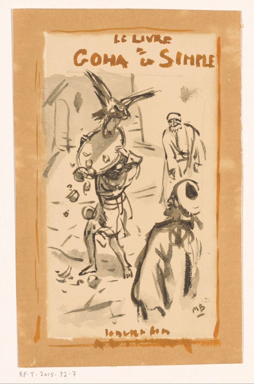 Mies tarjottimella petolintujen kimppuun Le livre Goha le Simple (otsikko esineessä) tekijältä Marius Bauer (signed by artist)