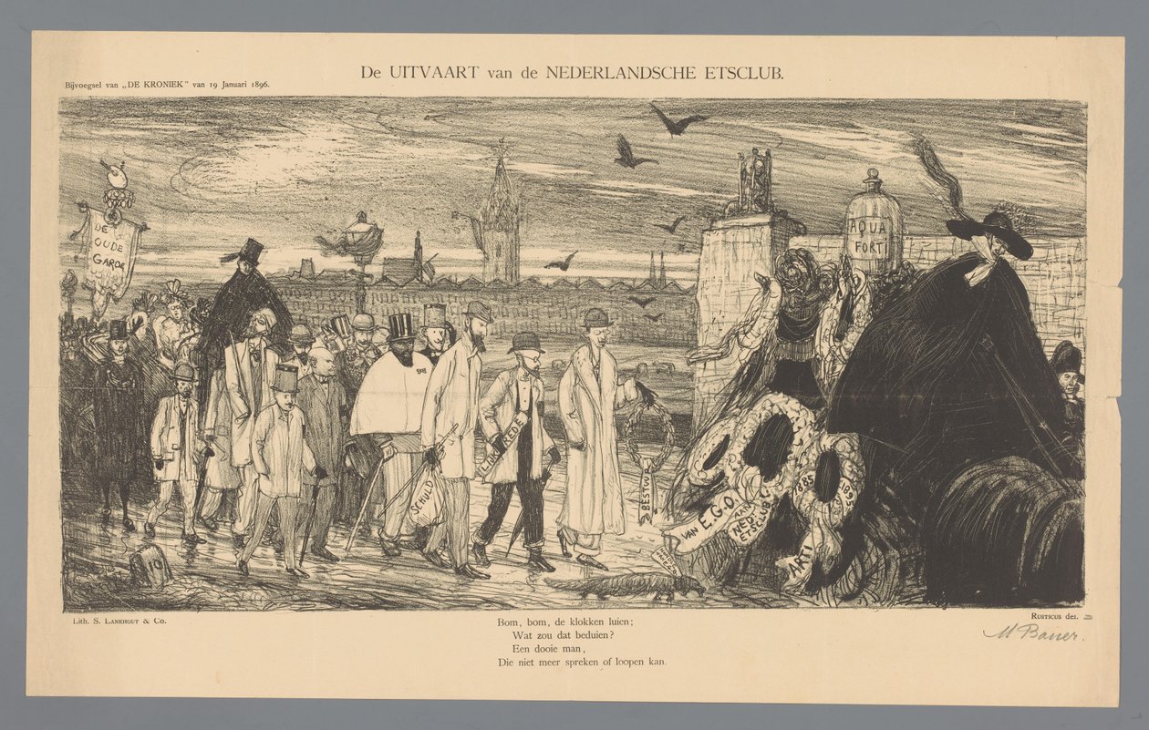 Hollantilaisen Etching Clubin hautajaiset (otsikko esineessä) tekijältä Marius Bauer