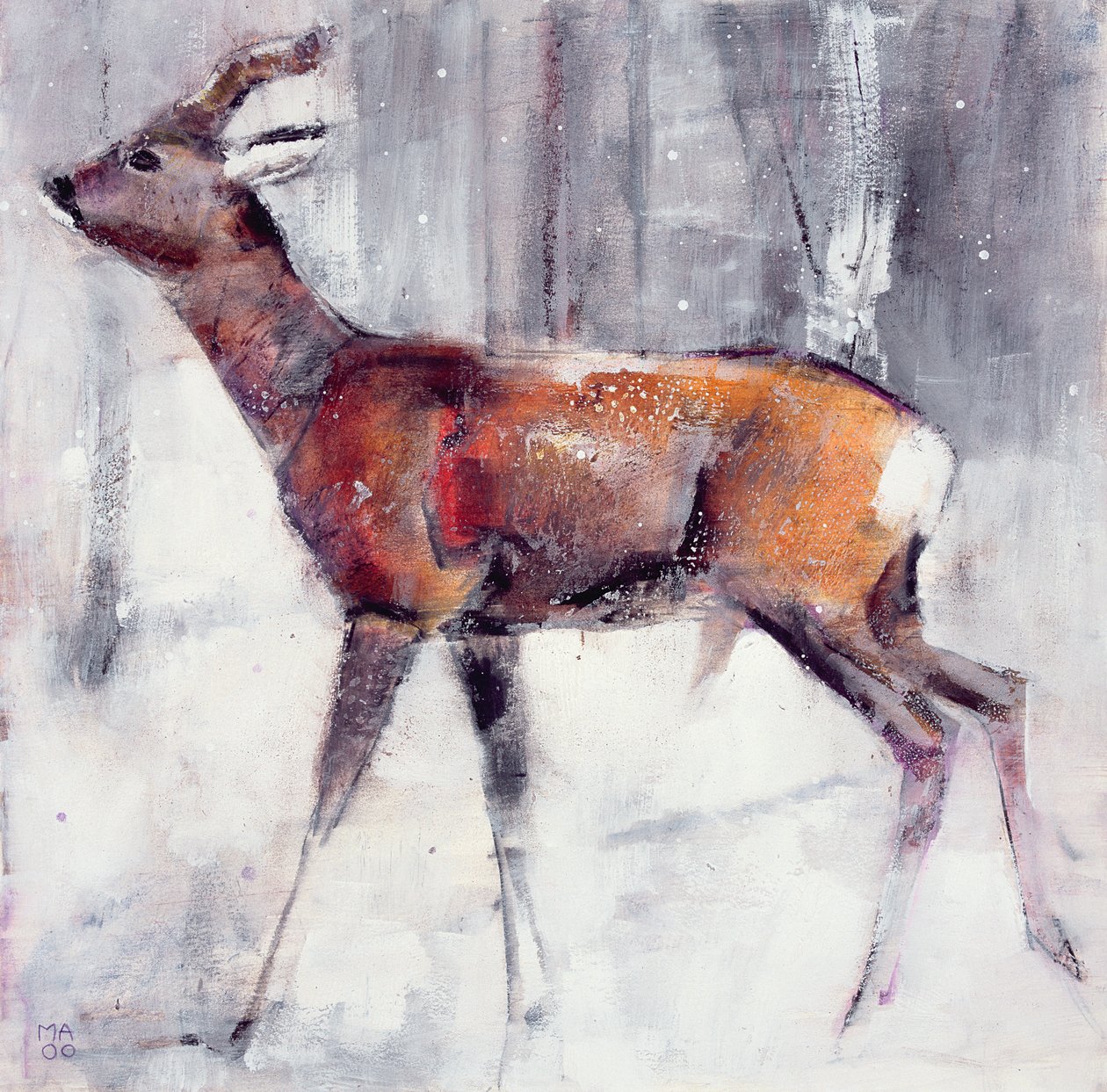 Buck in the snow, 2000 (sekatekniikka paperille) tekijältä Mark Adlington