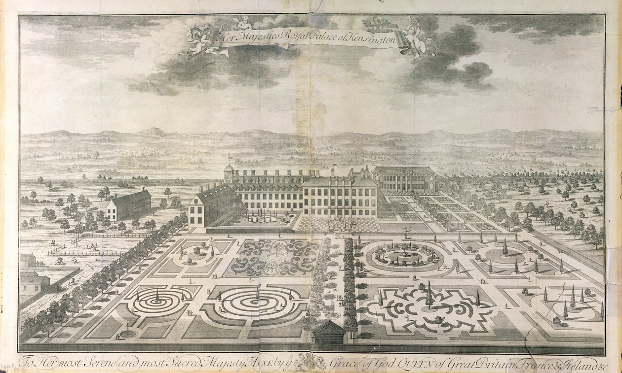 Lintuperspektiivistä Kensingtonin palatsin puutarhaan, kaiverrus Johannes Kip (n. 1652-1722) pub. kirjoittanut J. Smith, 1724 tekijältä Mark Anthony Hauduroy