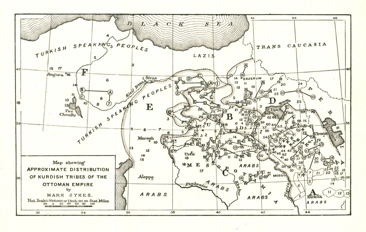 "Kartta, joka näyttää ottomaanien valtakunnan kurdiheimojen likimääräisen jakautumisen", 1915. tekijältä Mark Sykes