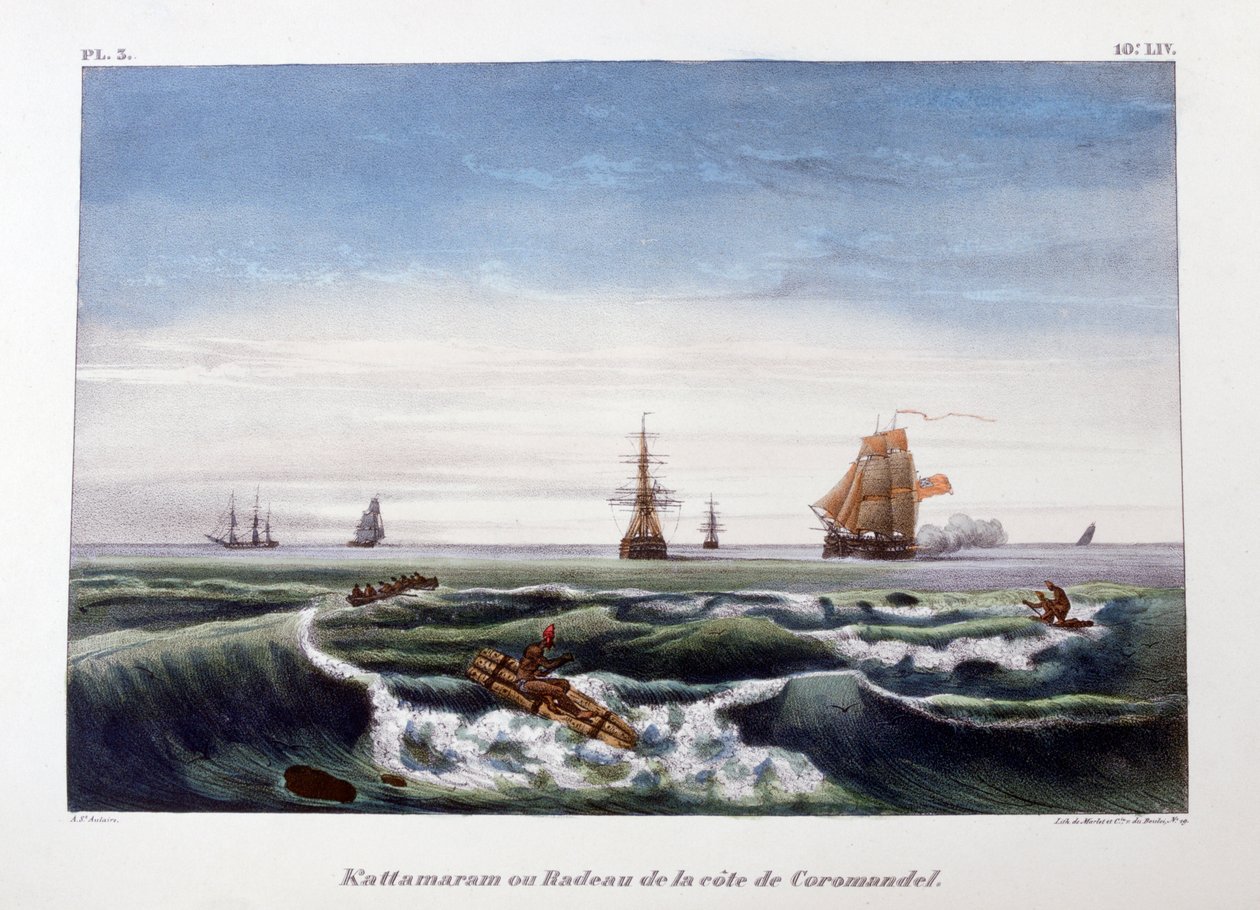 Lautta Coromandelin rannikolla Intiassa, 1828. tekijältä Marlet et Cie