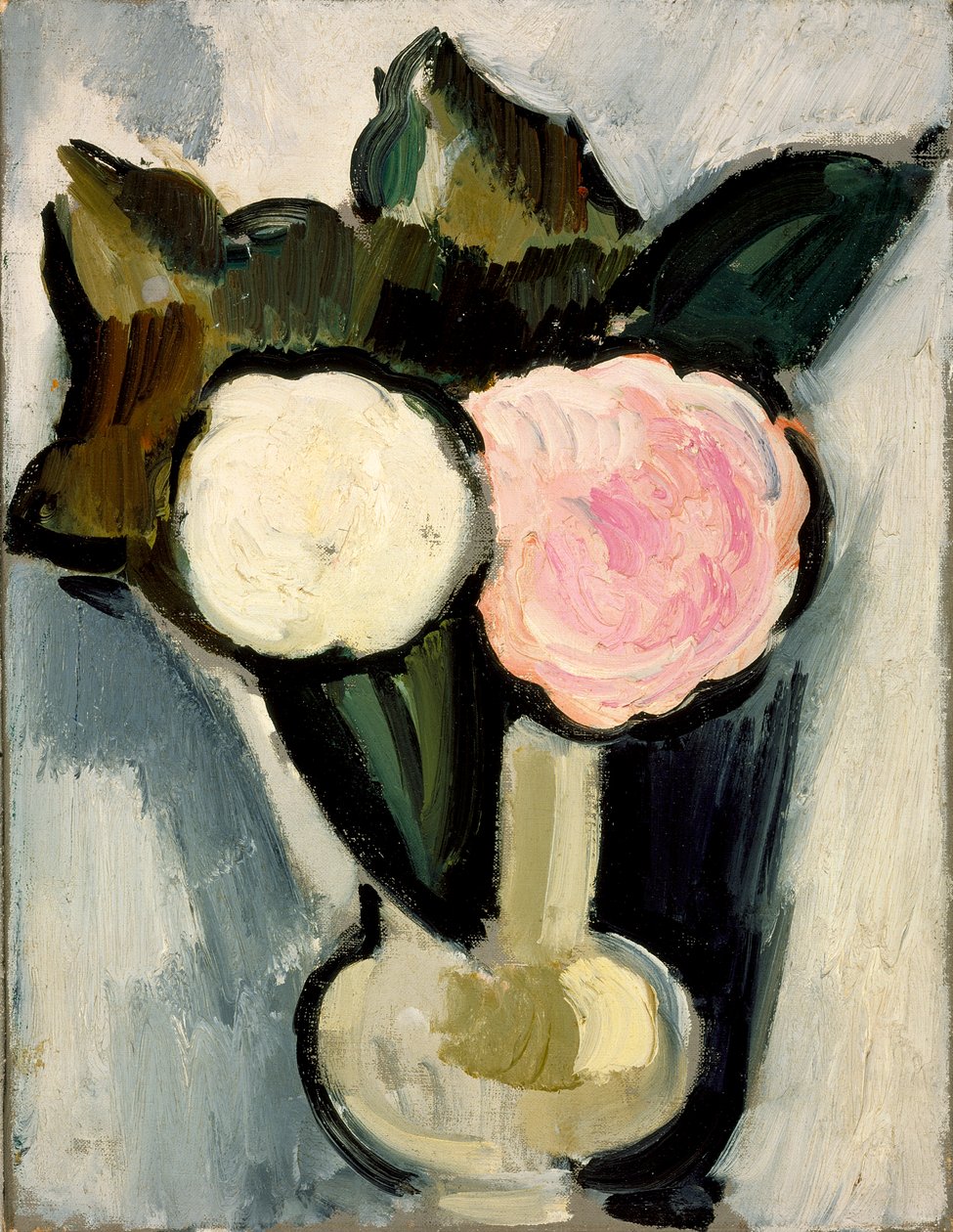 Vaaleanpunaisia ja valkoisia kukkia maljakossa, n. 1929 tekijältä Marsden Hartley