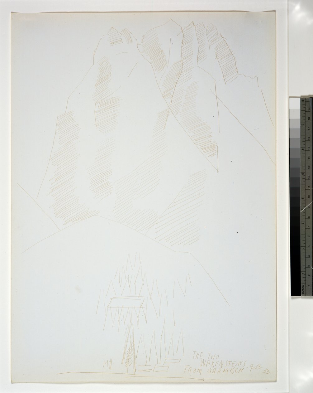 Vuoristomaisema, jossa rakennuksia ja puita etualalla tekijältä Marsden Hartley