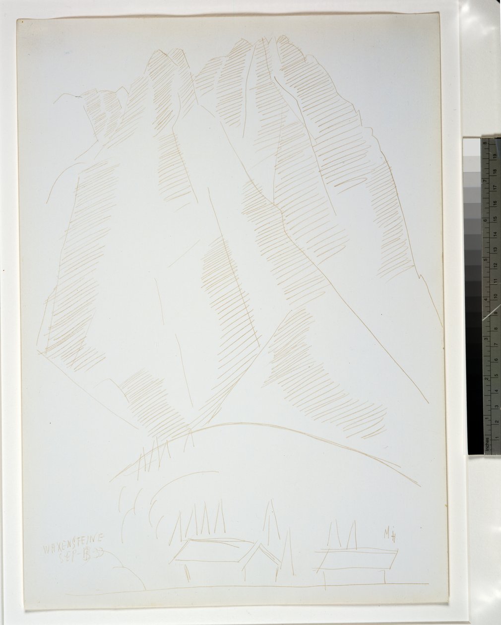 Vuoristomaisema, jossa kaksi rakennusta etualalla tekijältä Marsden Hartley