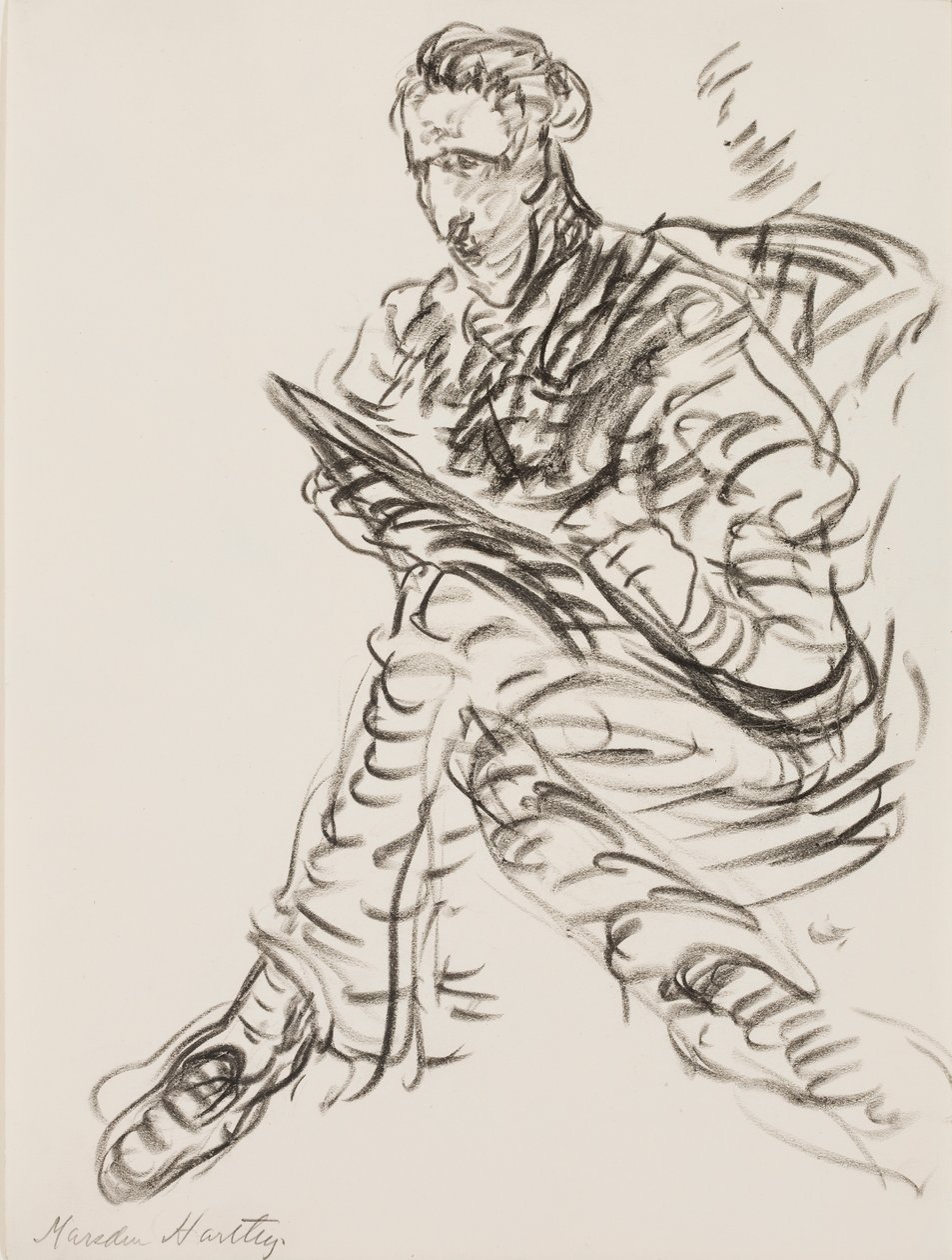Omakuva piirtäjänä, n. 1908 (litografinen värikynä paperille) tekijältä Marsden Hartley