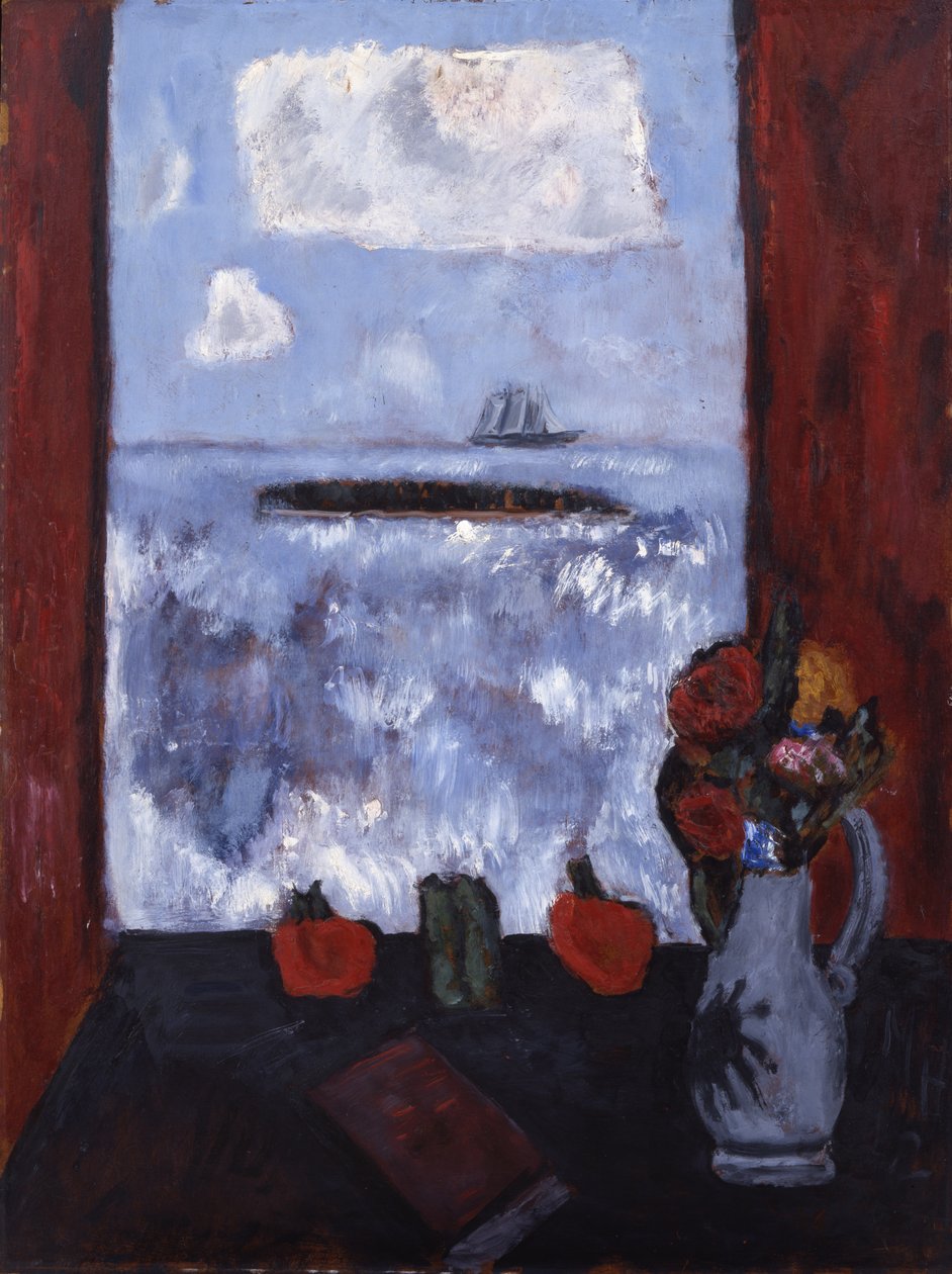 Kesä, Meri, Ikkuna, Punainen Verho, 1942 (öljy masoniittille) tekijältä Marsden Hartley
