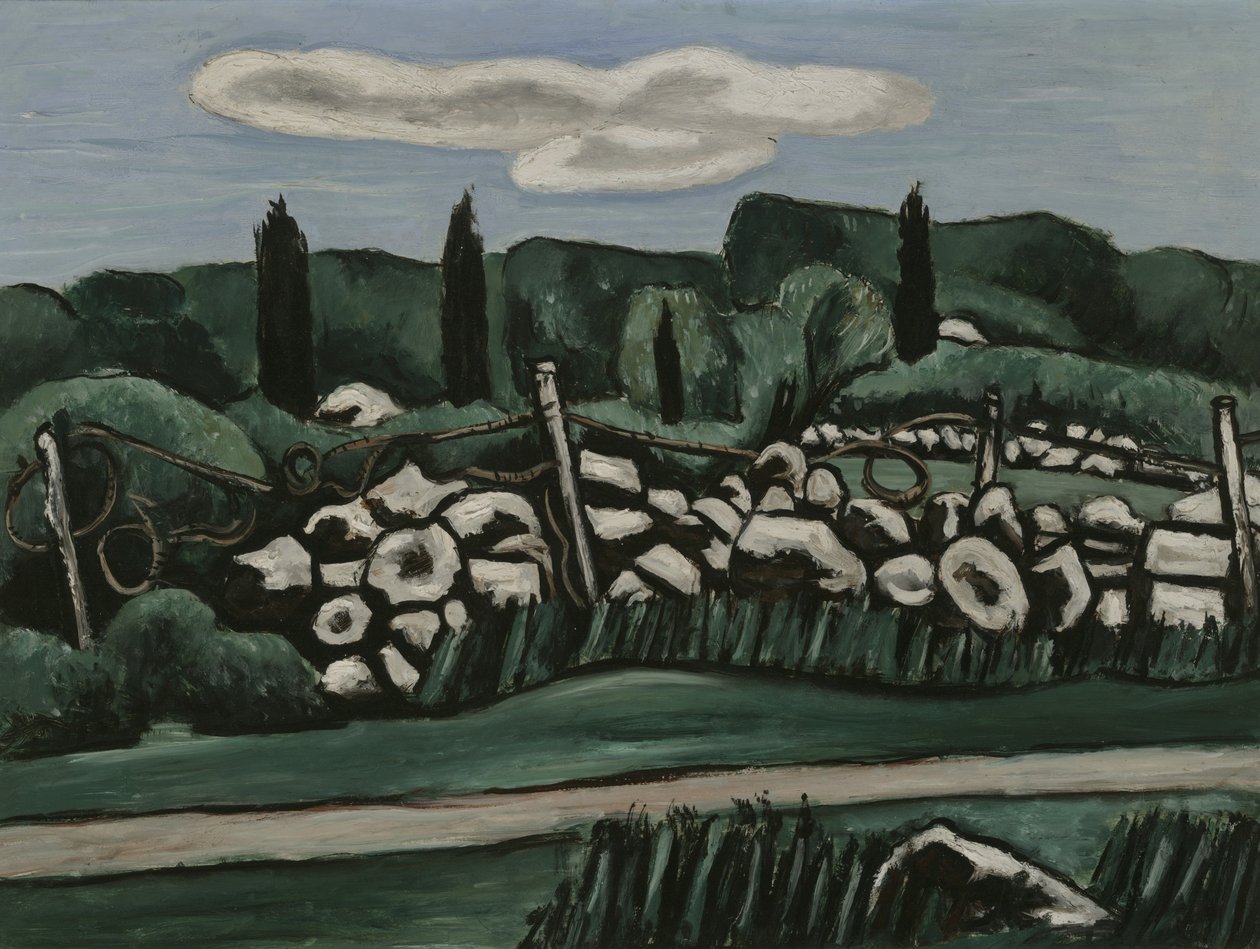 Viimeiset kivimuurit, Dogtown, noin 1936-37 (öljy akatemiapahville) tekijältä Marsden Hartley