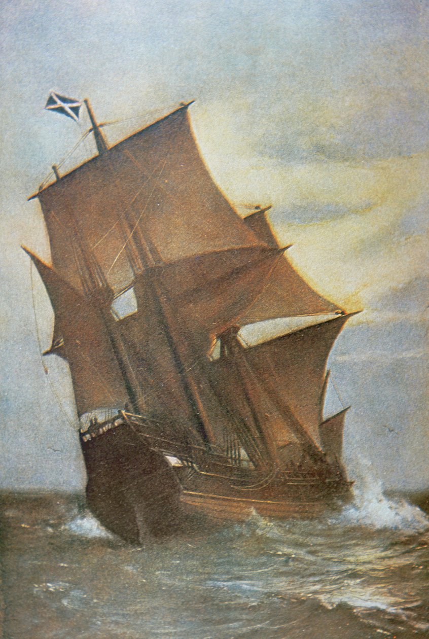 Mayflower, joka kantoi pyhiinvaeltajien isät Atlantin yli Amerikkaan vuonna 1620 (öljy kankaalle) tekijältä Marshall Johnson