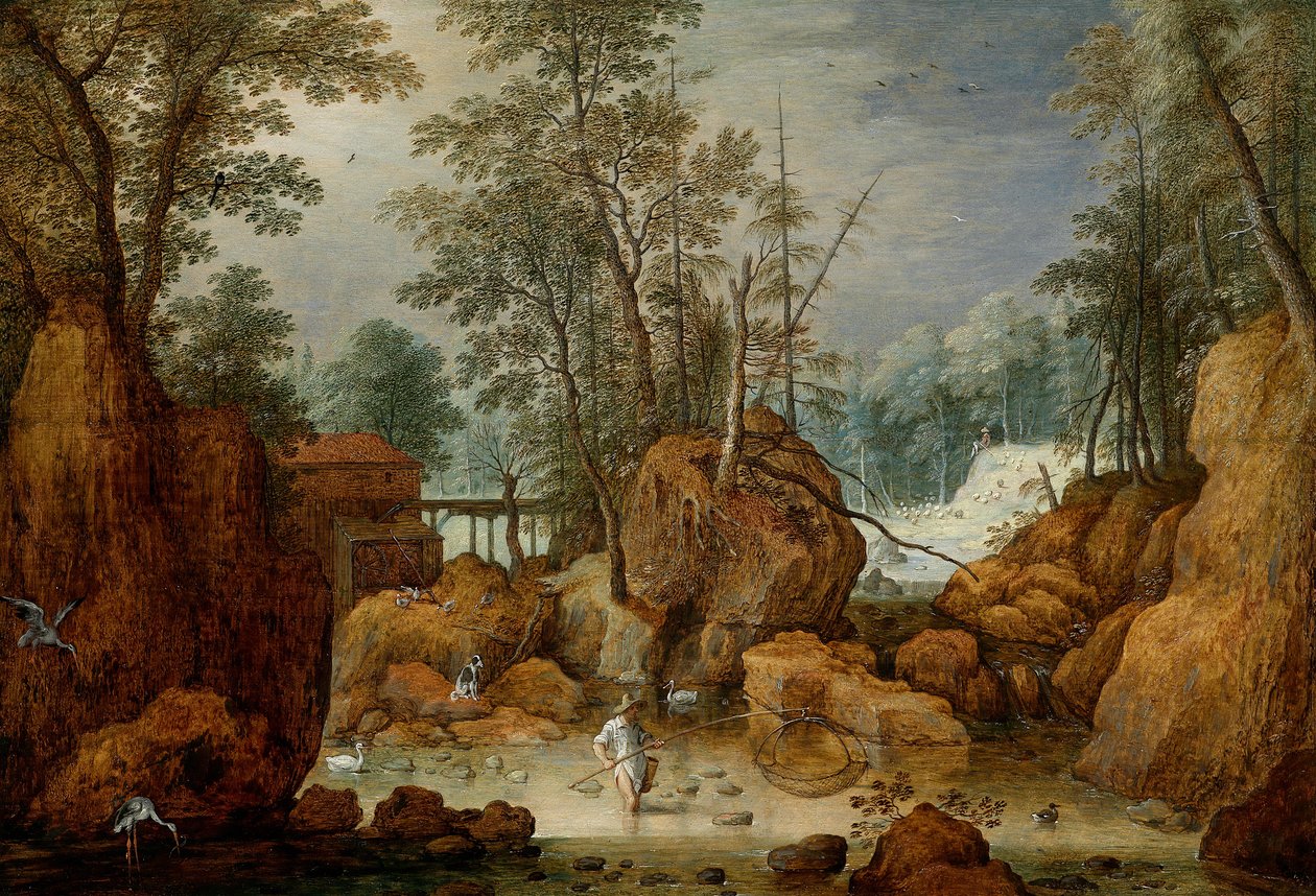 Ein Fischer in einem Fluss in einer bewaldeten Landschaft tekijältä Marten Ryckaert