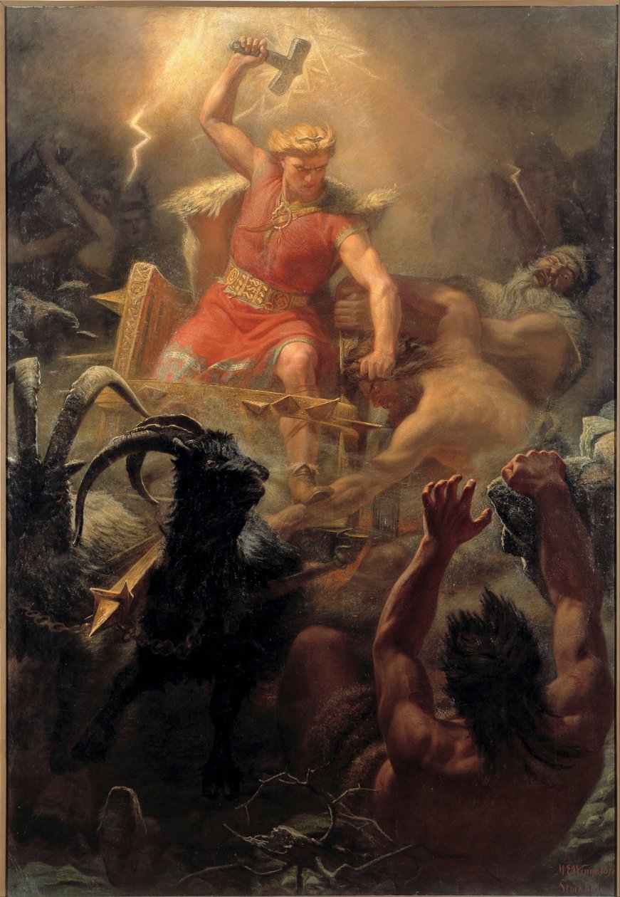 Le Comat de Thor (Tor) avec les Geants - Thorin taistelu jättiläisten kanssa - Siipi, Marten Eskil (1825-1896) - 1872 - Öljy kankaalle - 484x333 - Tukholman kansallismuseo tekijältä Mårten Eskil Winge