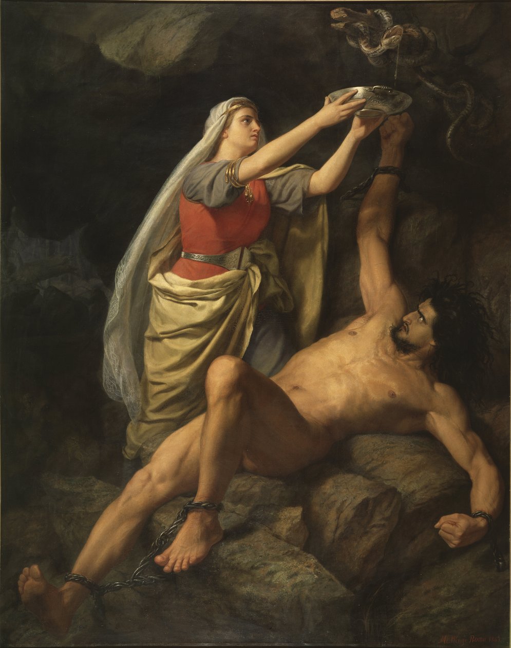 Loki et Sigyn - Loki ja Sigyn, kirjoittanut Winge, Marten Eskil (1825-1896). Öljy kankaalle tekijältä Mårten Eskil Winge