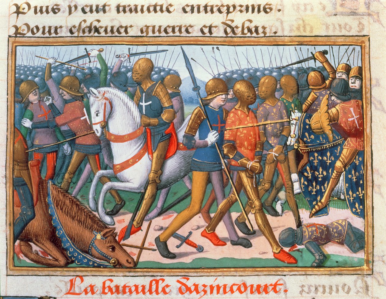 Ms Fr 5054 f.11 Agincourtin taistelu, 1415, Kaarle VII:n vigiliasta, n. 1484 tekijältä Martial de Paris