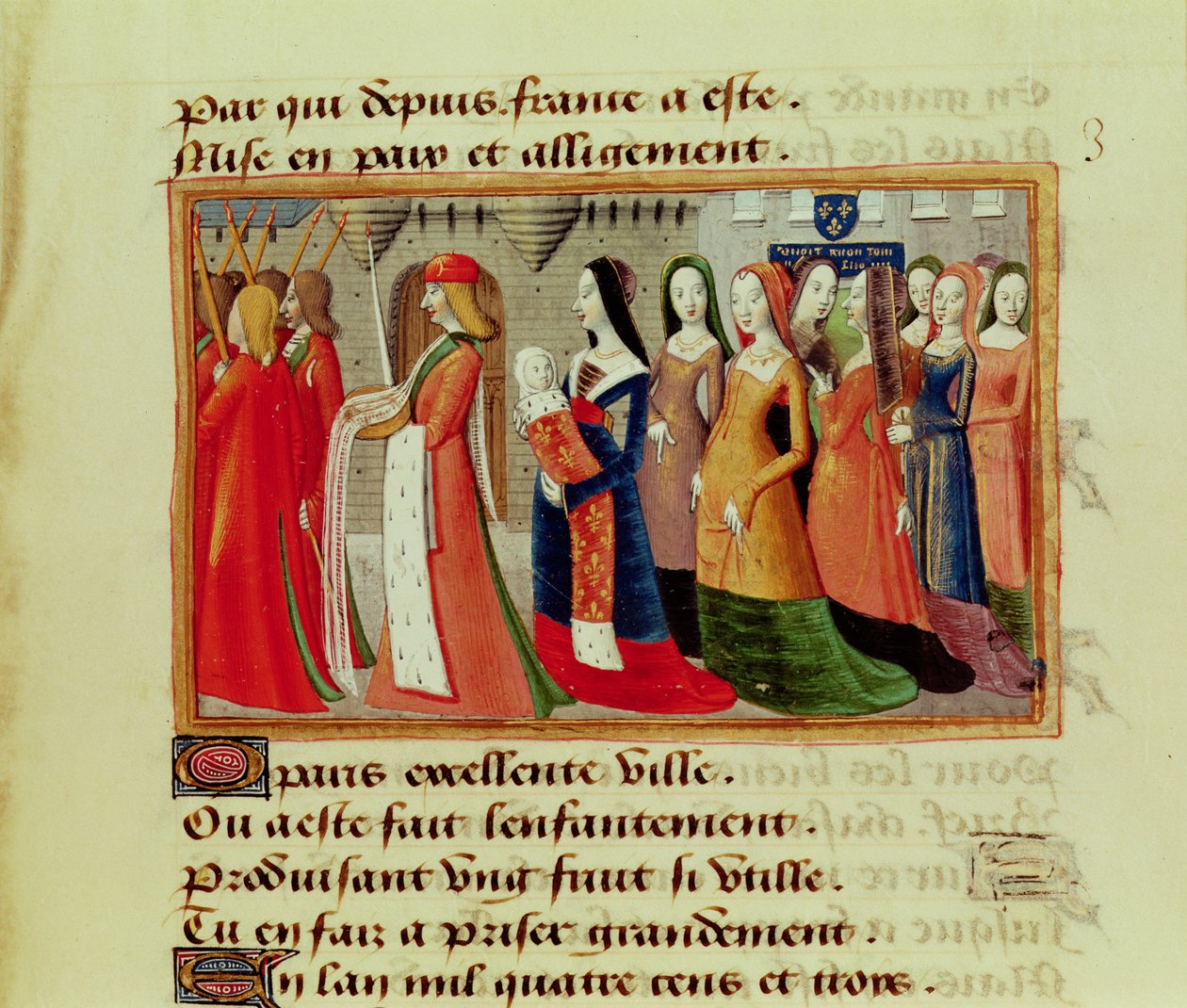 Dauphinin (1403-61), tulevan Ranskan Kaarle VII:n, esittely Pariisin kaupungille, Kaarle VII:n vigilia-juhlista, noin 1484. tekijältä Martial de Paris