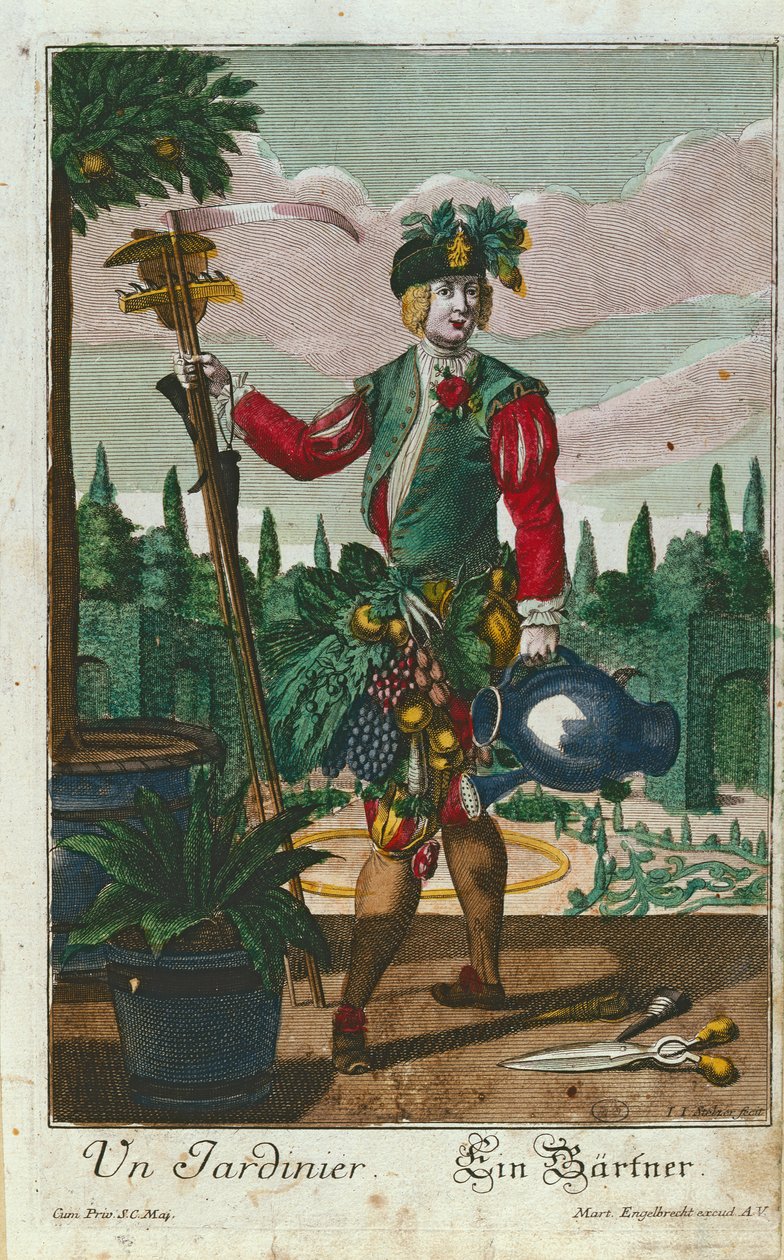 Puutarhuri, allegorinen esitys, n. 1735 tekijältä Martin Engelbrecht