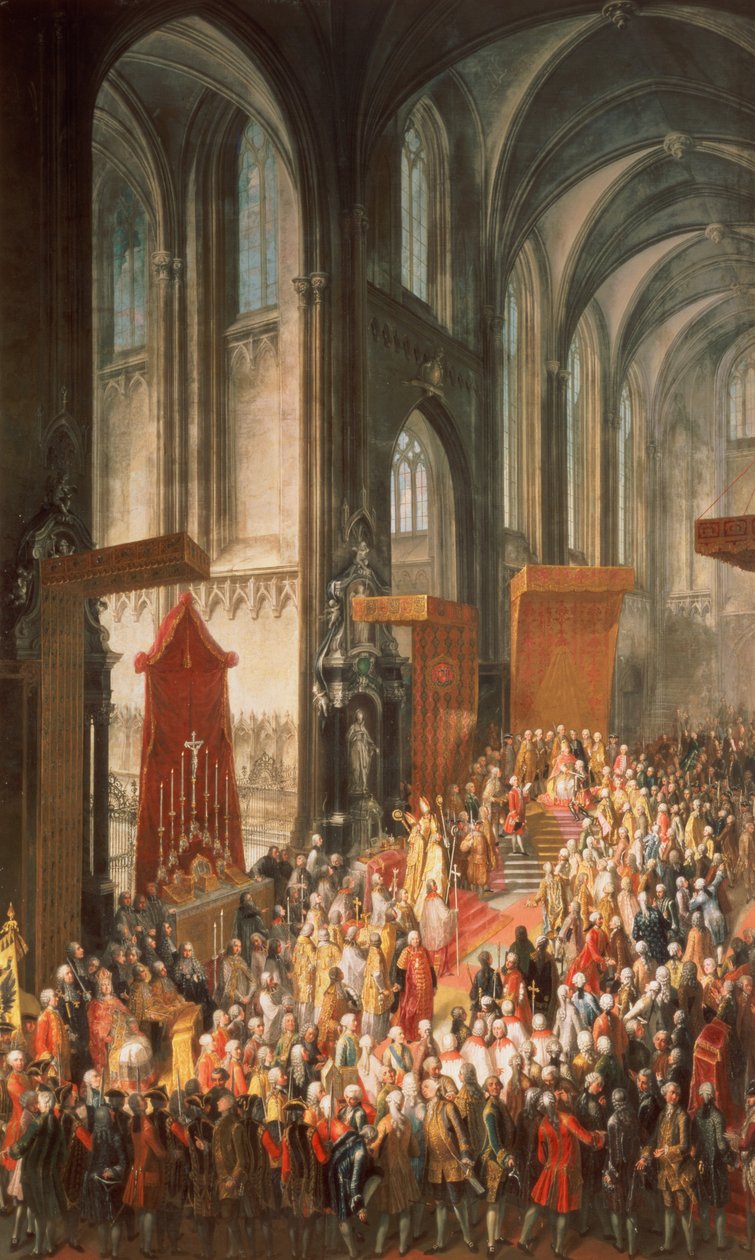 Investiture Joseph II (1741-90) hänen kruunauksensa jälkeen Saksan keisariksi Frankfurtin katedraalissa, 1764 tekijältä Martin II Mytens or Meytens