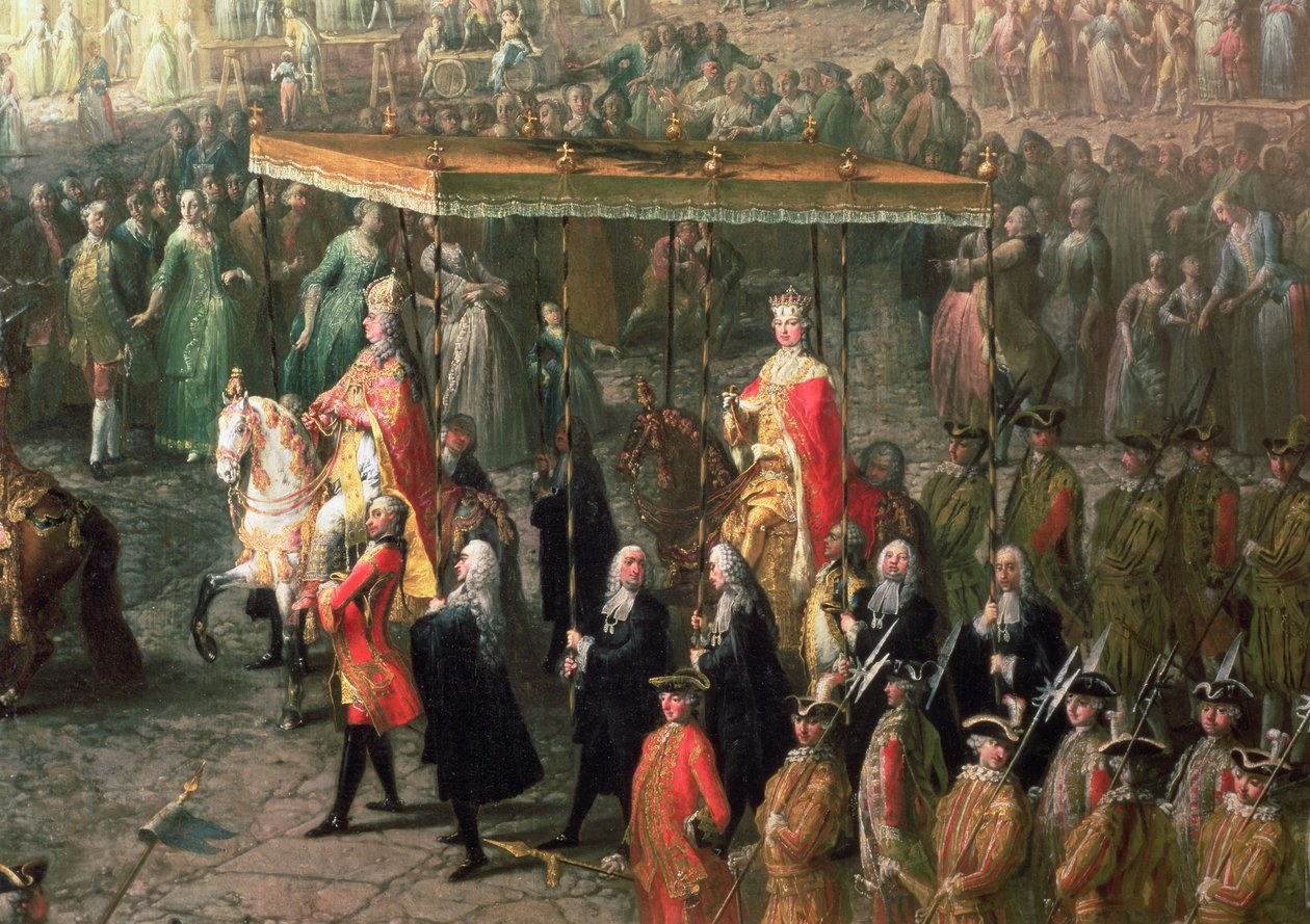 Saksan keisarin Joseph II:n (1741-90) kruunauskulkue Romerbergissä, 1764 (66718:n yksityiskohta) tekijältä Martin II Mytens or Meytens