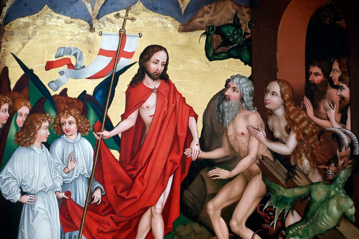 Jeesus nostaa Aadamin ja Eevan ulos haudoistaan ylösnousemuksessa tekijältä Martin Schongauer