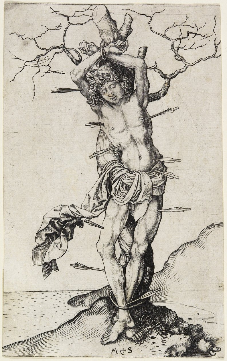 Pyhä Sebastian, n. 1480-1490 tekijältä Martin Schongauer