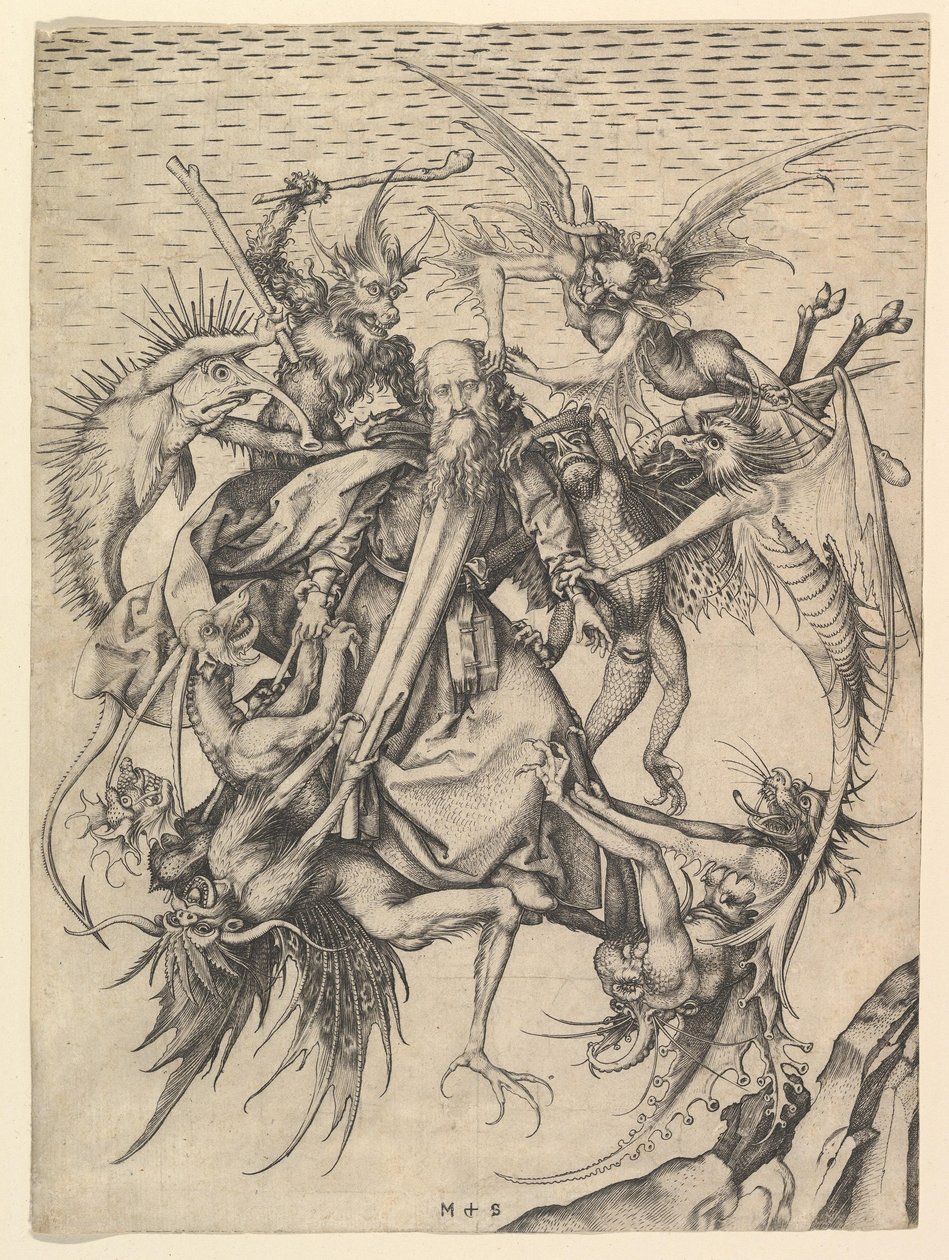 Pyhän Antoniuksen kiusaus, Martin Schöngauer c. 1480-90. Kaiverrus tekijältä Martin Schongauer