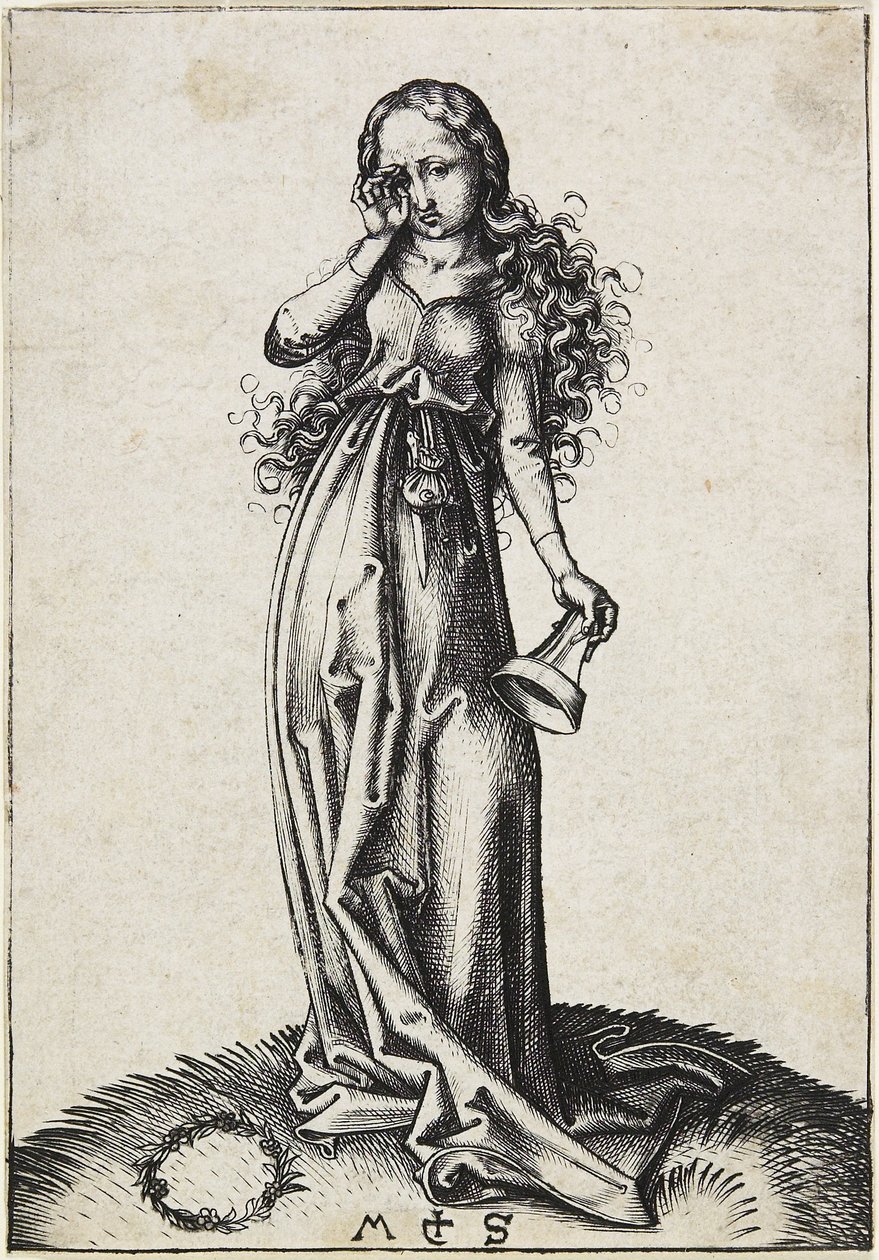 Kolmas typerä neitsyt, n. 1480-1488 tekijältä Martin Schongauer