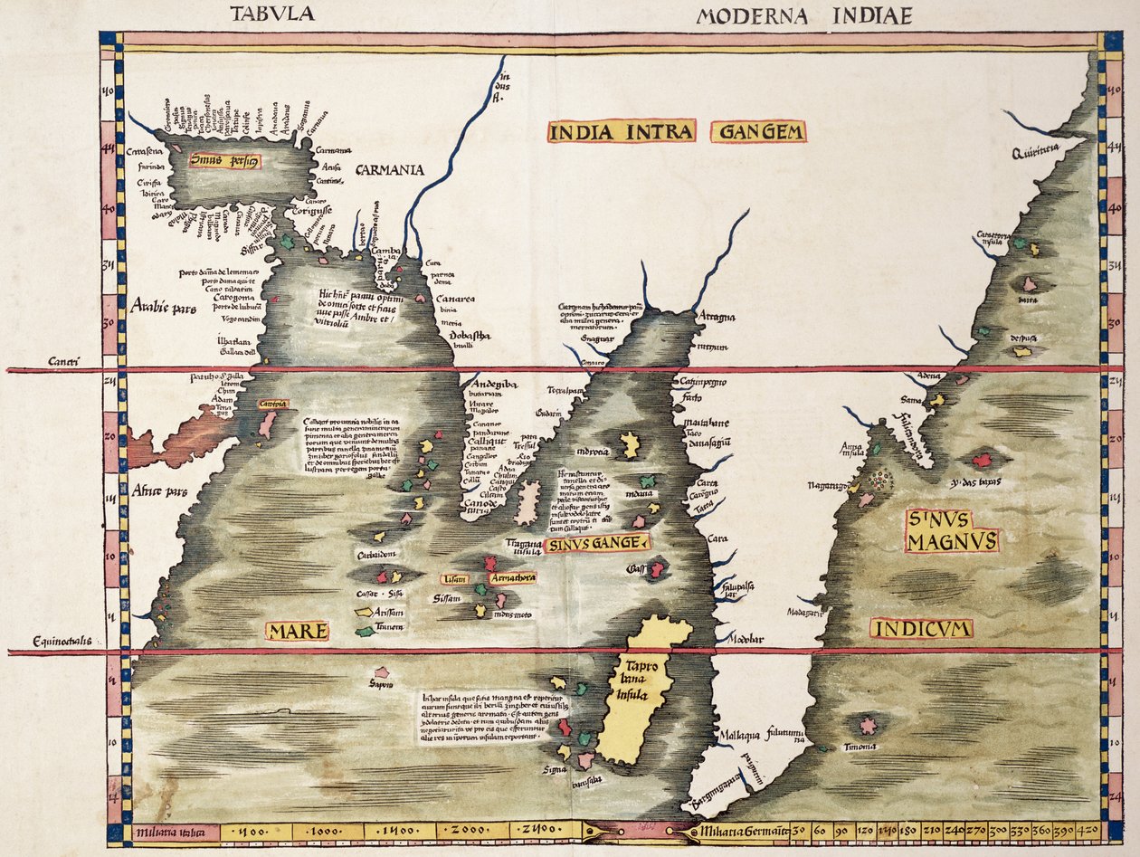 Punainenmeri ja Arabianlahti oletetulle Malaijan niemimaalle, Ptolemaioksen "Geographia"-teoksen Strassburgin painoksesta. tekijältä Martin Waldseemuller