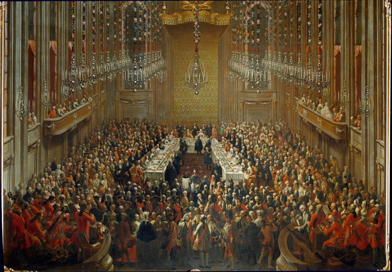 Juhlatilaisuus keisari Joseph II:n ja Isabellan Parman häiden yhteydessä 6.10.1760. Mozart seisoo orkesterissa tekijältä Martin (and studio) Mytens or Meytens