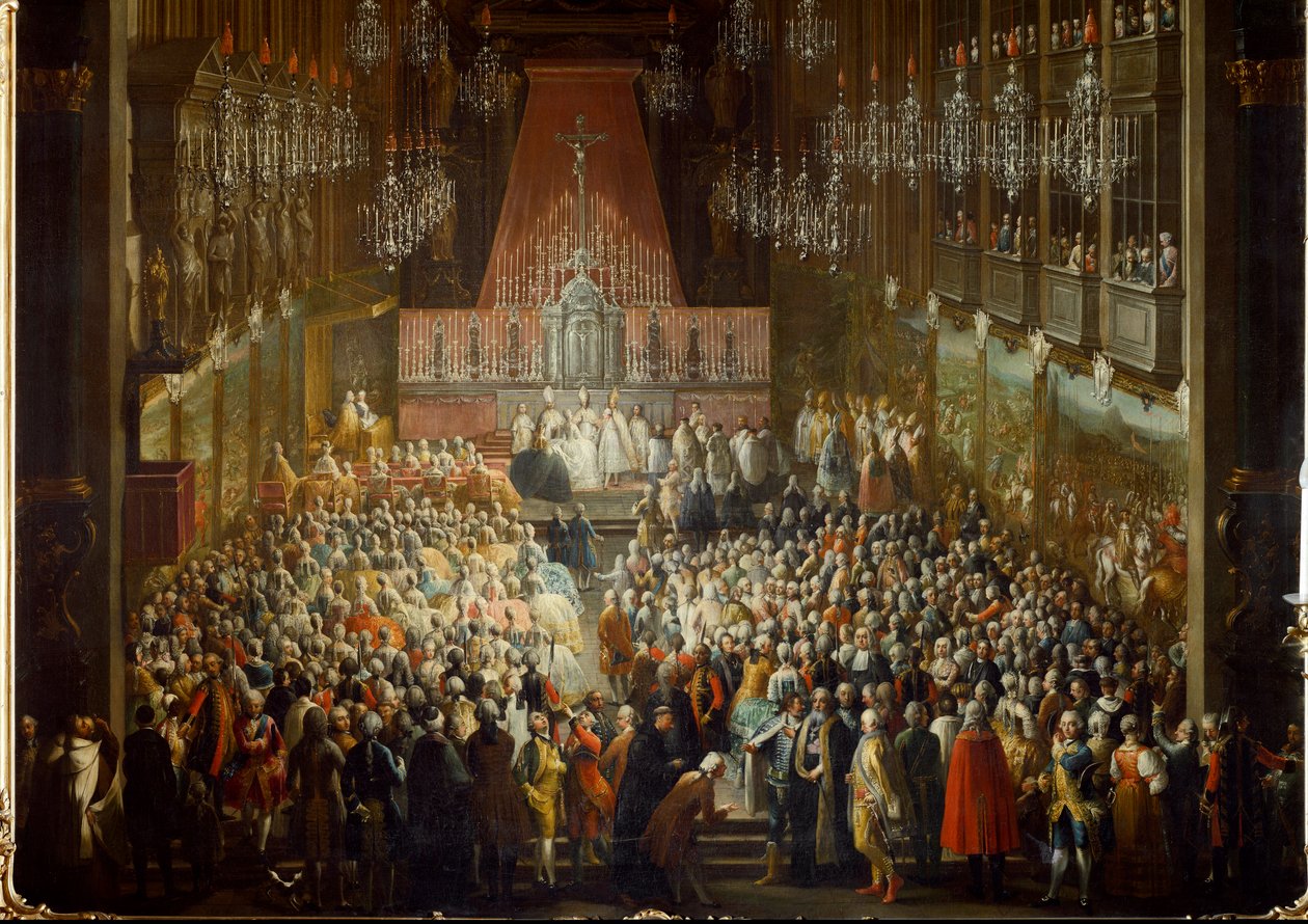 Parman prinsessa Isabellan hääseremonia keisari Joseph II:n kanssa 6.10.1760. Yksityiskohta (maalaus) tekijältä Martin (and studio) Mytens or Meytens