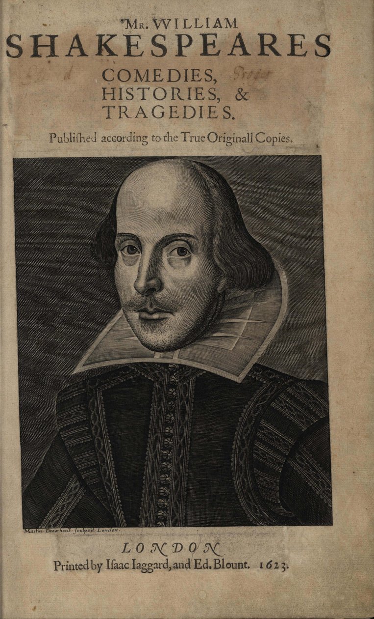 Ensimmäisen Shakespearen folion nimilehti, 1623 tekijältä Martin Droeshout