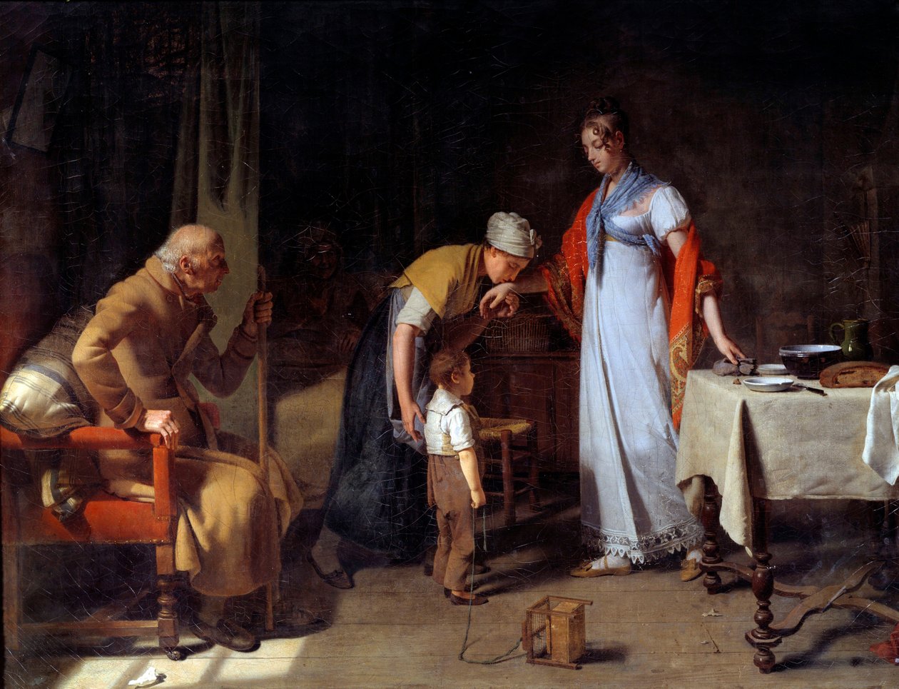 Nuori nainen auttaa onnetonta perhettä Martin Drollingin (1752-1817) maalaus 1800-luvun Caen, Musee des Beaux Arts tekijältä Martin Drölling