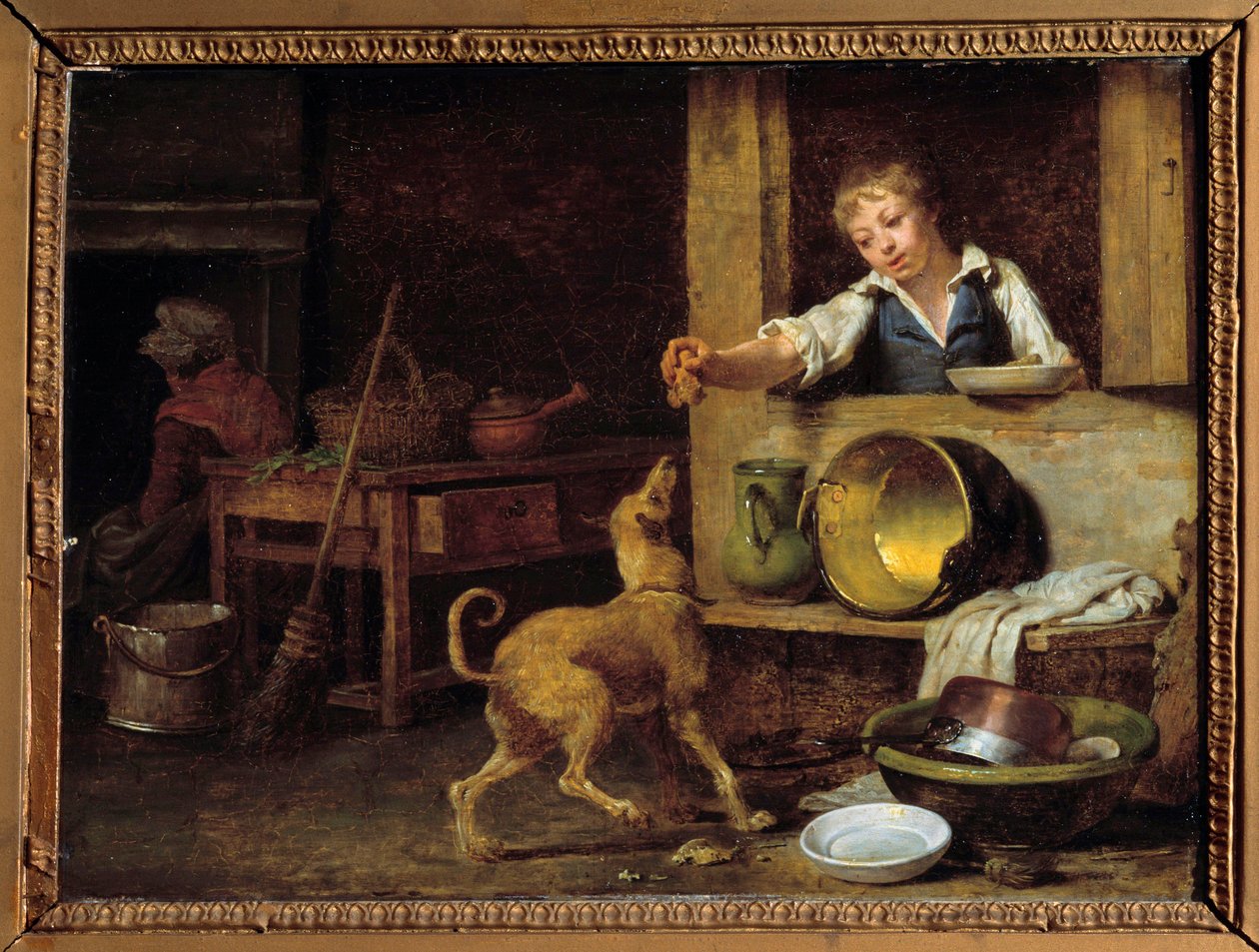 Keittiön sisustus Nuori palvelija antaa koiralle ylijäämät. Martin Drollingin (1752-1817) maalaus 1800-luvun Orleans, Kuvataidemuseo tekijältä Martin Drölling