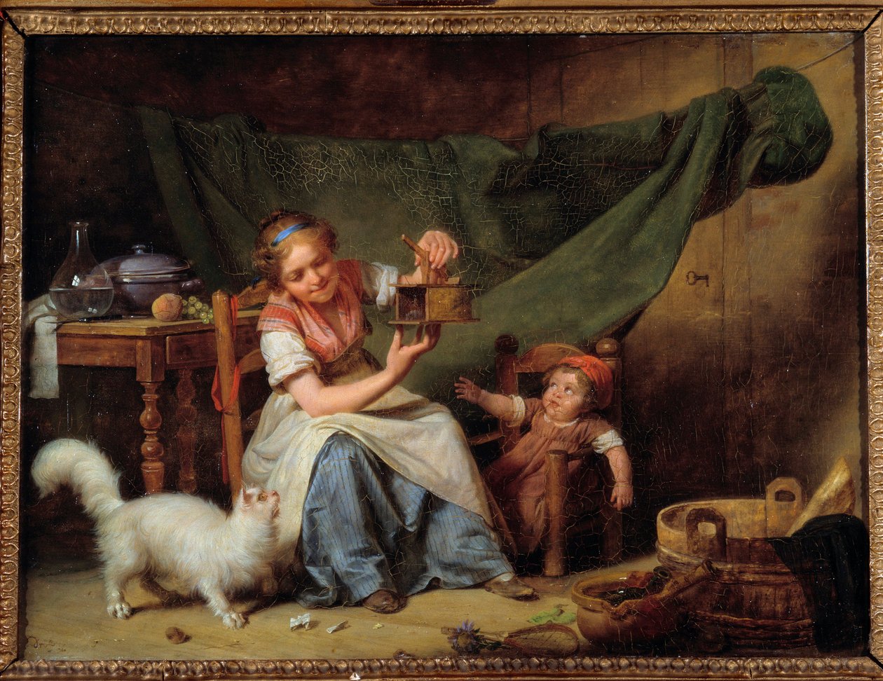 Nainen ja hiiri Tyttö pitää hiiren sieppaajaa kissan ja vauvan edessä. Martin Drollingin (1752-1817) maalaus 1798 su. 0,25x0,35 m Orleans. Kuvataidemuseo tekijältä Martin Drölling