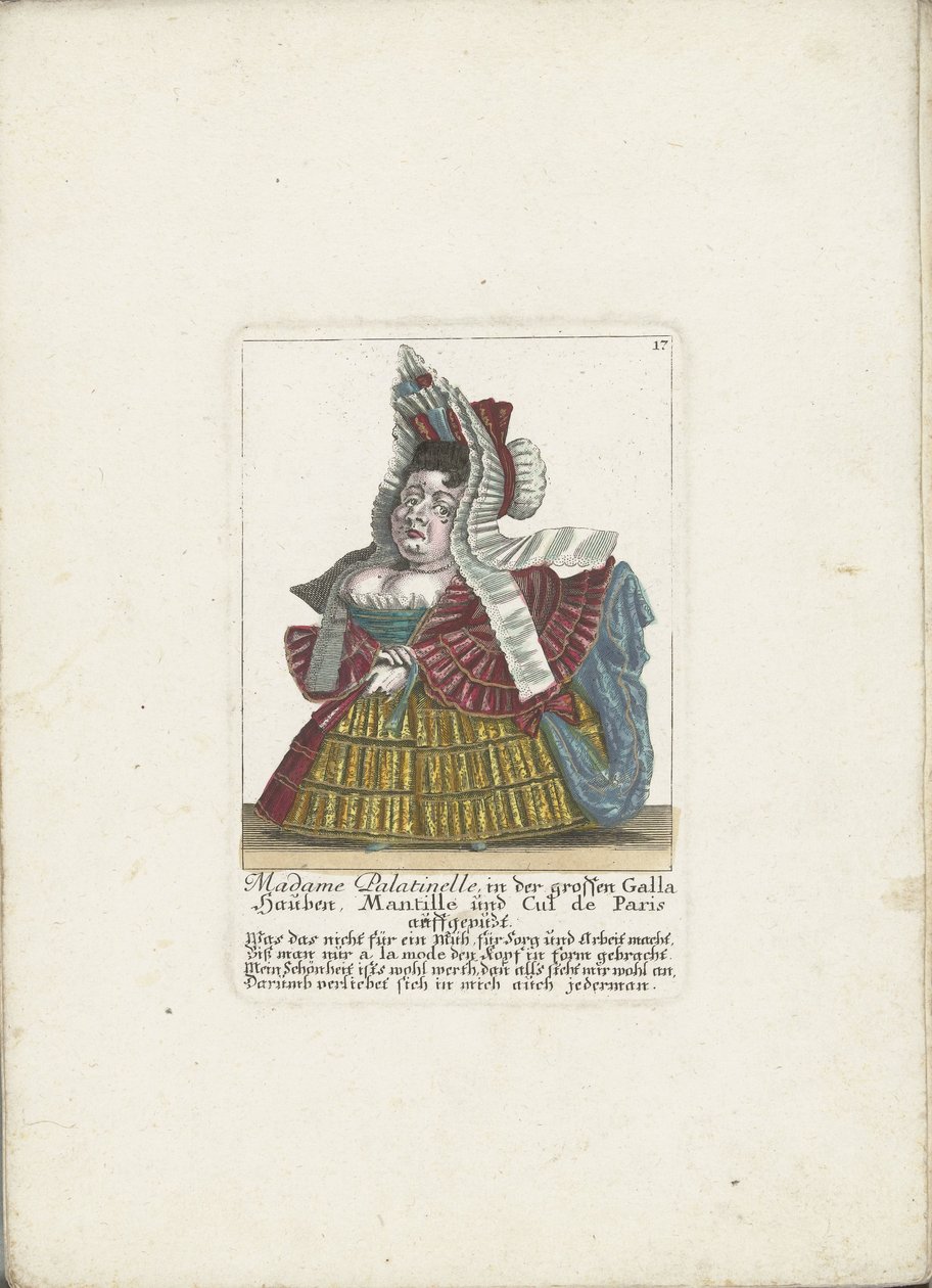 De Franse dwerg Madame Palatinelle, noin 1710 Madame Palatinelle, konepellit, mantilla ja umpikuja Pariisissa pukeutuneena suureen Gallaan (otsikko esineessä) Il Callotto resurcitato tai vastikään kalustettu pieni kaappi (sarjan nimi) tekijältä Martin Engelbrecht (attributed to)