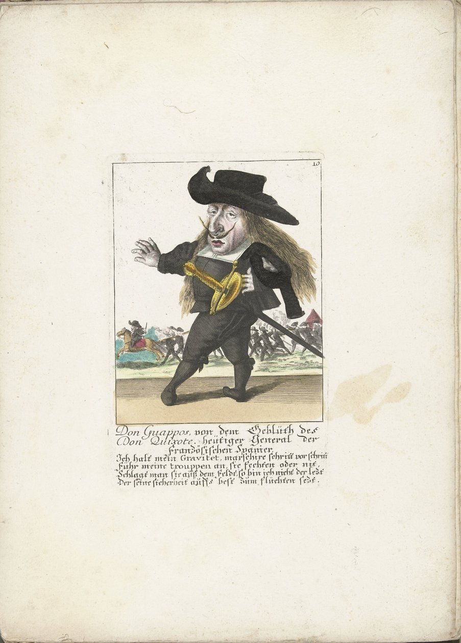 Espanjan dwerg Don Guappos, noin 1710 Don Guappos, nykyisen ranskalaisten espanjalaisten kenraalin Don Quijoten verestä (otsikko esineessä) Il Callotto resurcitato tai vastikään kalustettu pieni kaappi (sarjan nimi) tekijältä Martin Engelbrecht (attributed to)