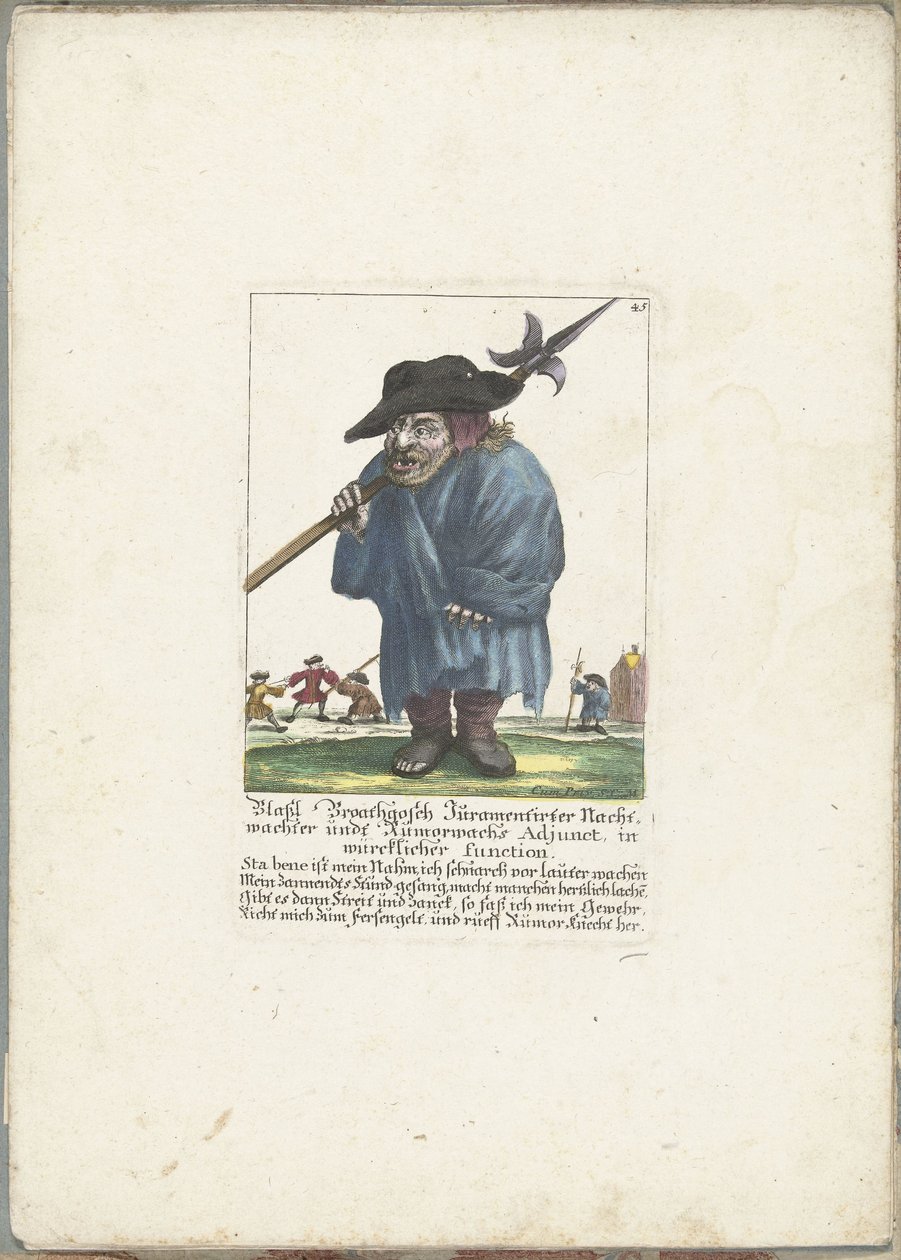 Dwerg Blassl Broatgosch, noin 1710 Blassl Broatgosch Jurassic Night Watchman ja Rumorwachs Adjunct, todellisessa toiminnassa (otsikko esineessä) Il Callotto resurcitato tai vastikään kalustettu pieni kaappi (sarjan nimi) tekijältä Martin Engelbrecht (attributed to)
