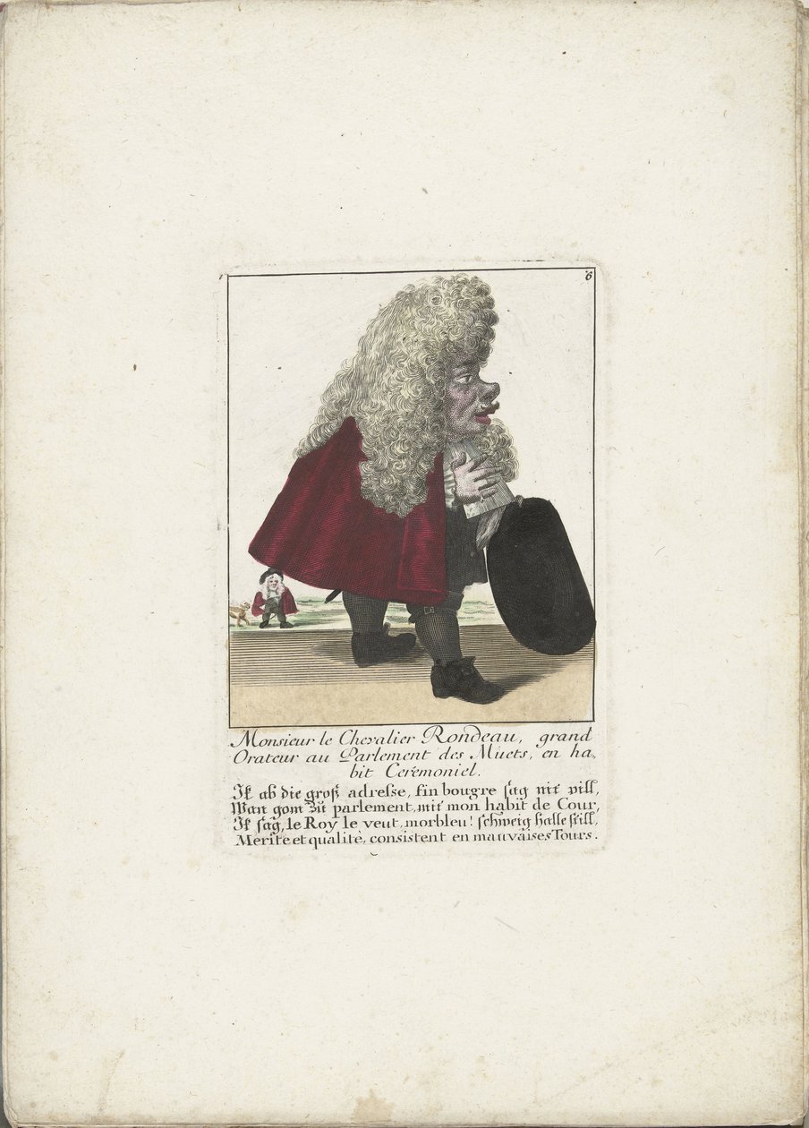dwerg Chevalier Rondeau als een parlamentslid, n. 1710 Monsieur le Chevalier Rondeau, mykkäparlamentin suuri puhuja, juhlapuvussa (nimi esineessä) Il Callotto resurcitato oder Neu eigerichtes Zwerchen Cabinet (sarjan nimi) tekijältä Martin Engelbrecht (attributed to)