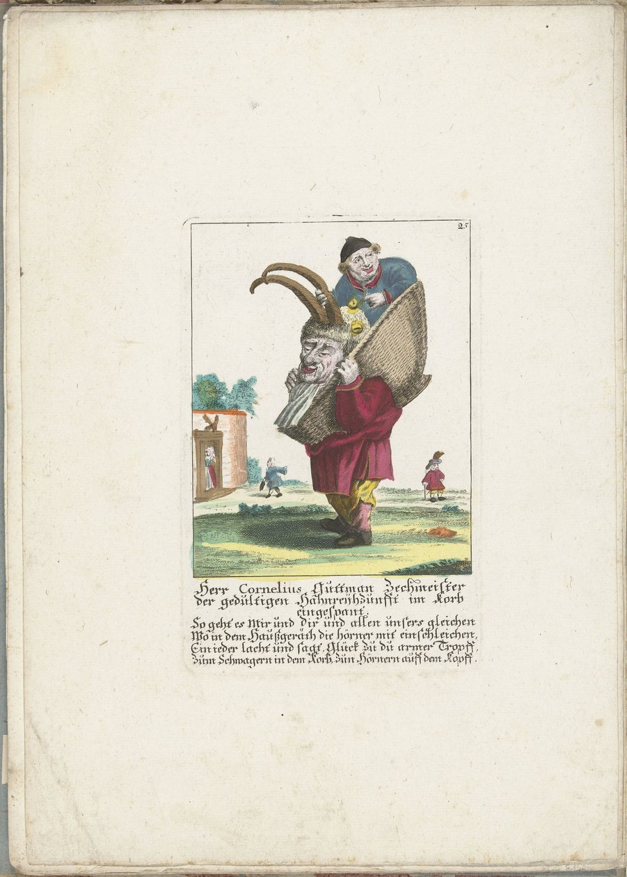 De dwerg Cornelius Guttman metsästäjänä, n. 1710 Cornelius Guttman, kärsivällisen aisankillan juoppo koriin valjastettuna (nimi esineessä) Il Callotto resurcitato tai vastikään kalustettu pieni kaappi (sarjan nimi) tekijältä Martin Engelbrecht (attributed to)