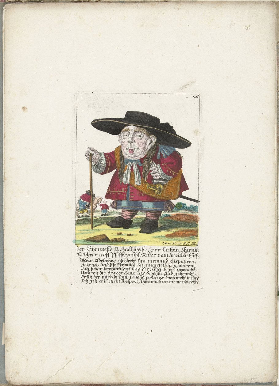 De dwerg Crispin Skarnitz, noin 1710 Ehrnveste ja Hochweiße Herr Crispin, Skarnitzin perinnöllinen herra auff Pfeffermühl, braitten huthin ritari (nimi esineessä) Il Callotto resurcitato tai vastikään kalustettu pieni kaappi (sarjan nimi) tekijältä Martin Engelbrecht (attributed to)
