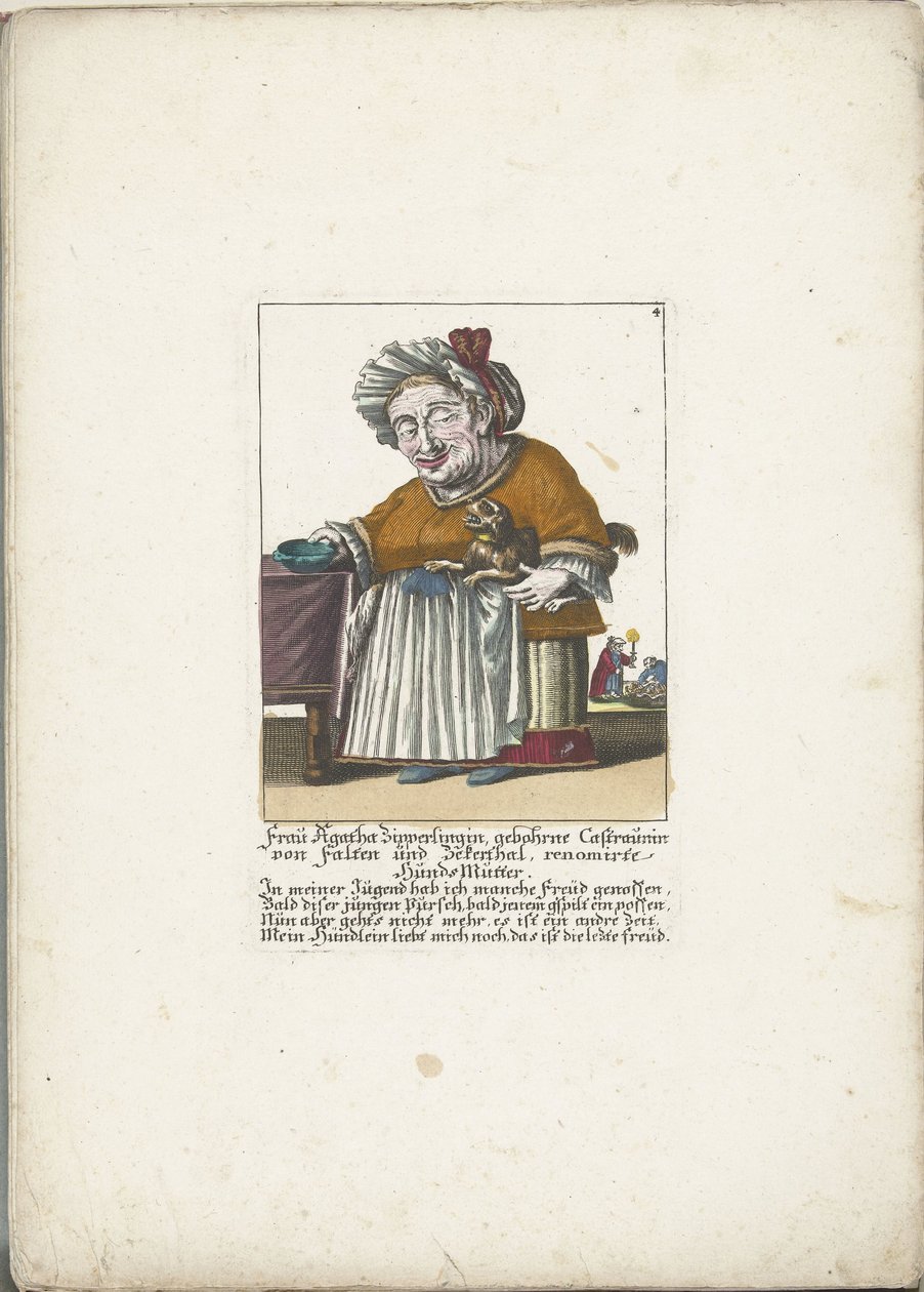 De dwerg Frau Agatha Zipperlingin, hondje, noin 1710 Rouva Agatha Zipperlingin, syntynyt Castaunin von Falten und Zeckerthal, kuuluisa koiran äiti (nimi esineessä) Il Callotto resurcitato tai vastikään kalustettu pieni kaappi (sarjan nimi) tekijältä Martin Engelbrecht (attributed to)