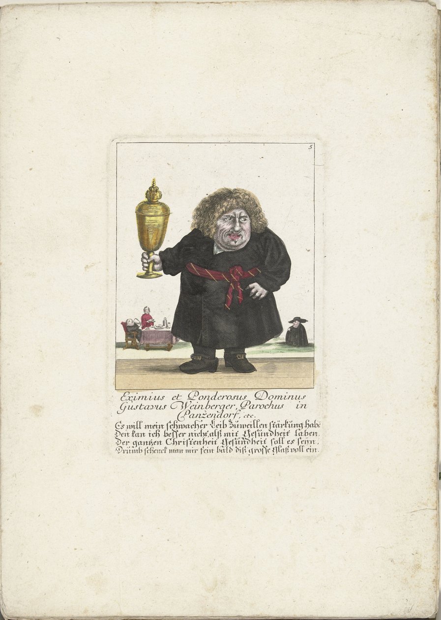 Kääpiö Gustavus Weinberger pappina kupin kanssa, n. 1710 Eximius et Ponderosus Dominus Gustavus Weinbergerin seurakunta Panzendorfissa jne. (otsikko esineessä) Il Callotto resurcitato oder Neu eigerichts Zwerchen Cabinet (sarjan nimi) tekijältä Martin Engelbrecht (attributed to)