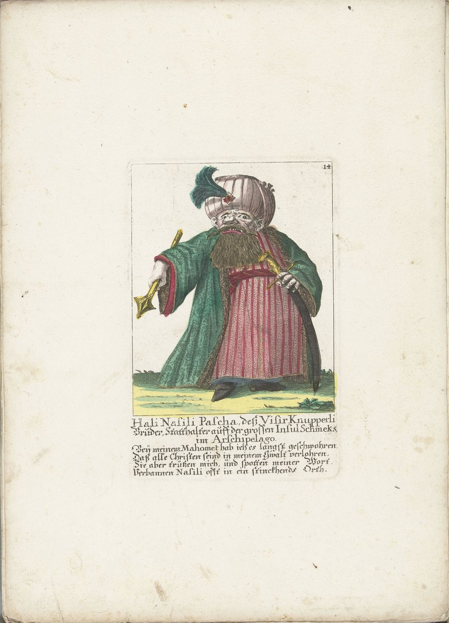 De dwerg Hali Nasili Pasha, noin 1710 Hali Nasili Pasha, hänen veljensä Visir Knupperli, kuvernööri suurella Schmeksin saarella Arsipelagossa (otsikko esineessä) Il Callotto resurcitato tai vastikään kalustettu pieni kaappi (sarjan nimi) tekijältä Martin Engelbrecht (attributed to)