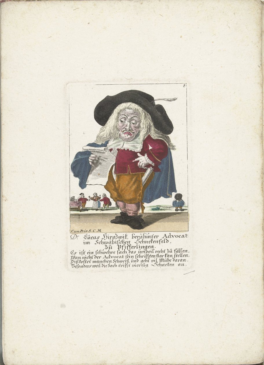 De dwerg Lucas Hirnzwik een advocaatina, noin 1710 DR Lucas Hirnzwik, kuuluisa puolestapuhuja Swabian Schnekenfeldissä, kantarelleja (nimi esineessä) Il Callotto resurcitato tai vastikään kalustettu pieni kaappi (sarjan nimi) tekijältä Martin Engelbrecht (attributed to)
